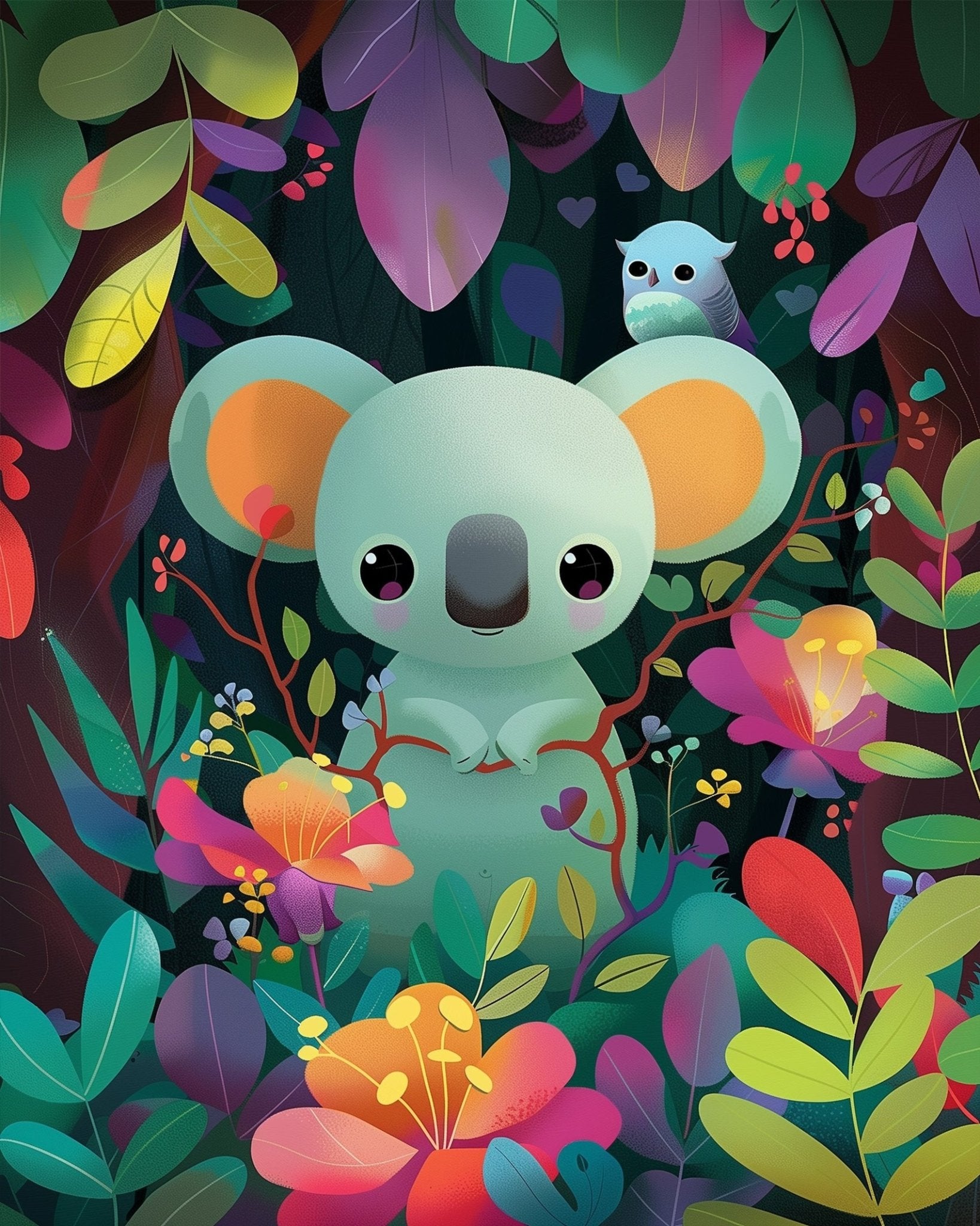 Fixed kit, 24 colors, 12x16in. Playful koala scene with bright flowers and leaves. Ideal for relaxation and creativity.