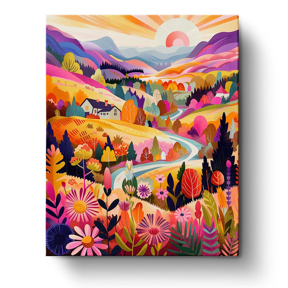 Fixed kit, 24 colors, 16x20in. River landscape with vibrant hills. Ideal for relaxation and creativity.