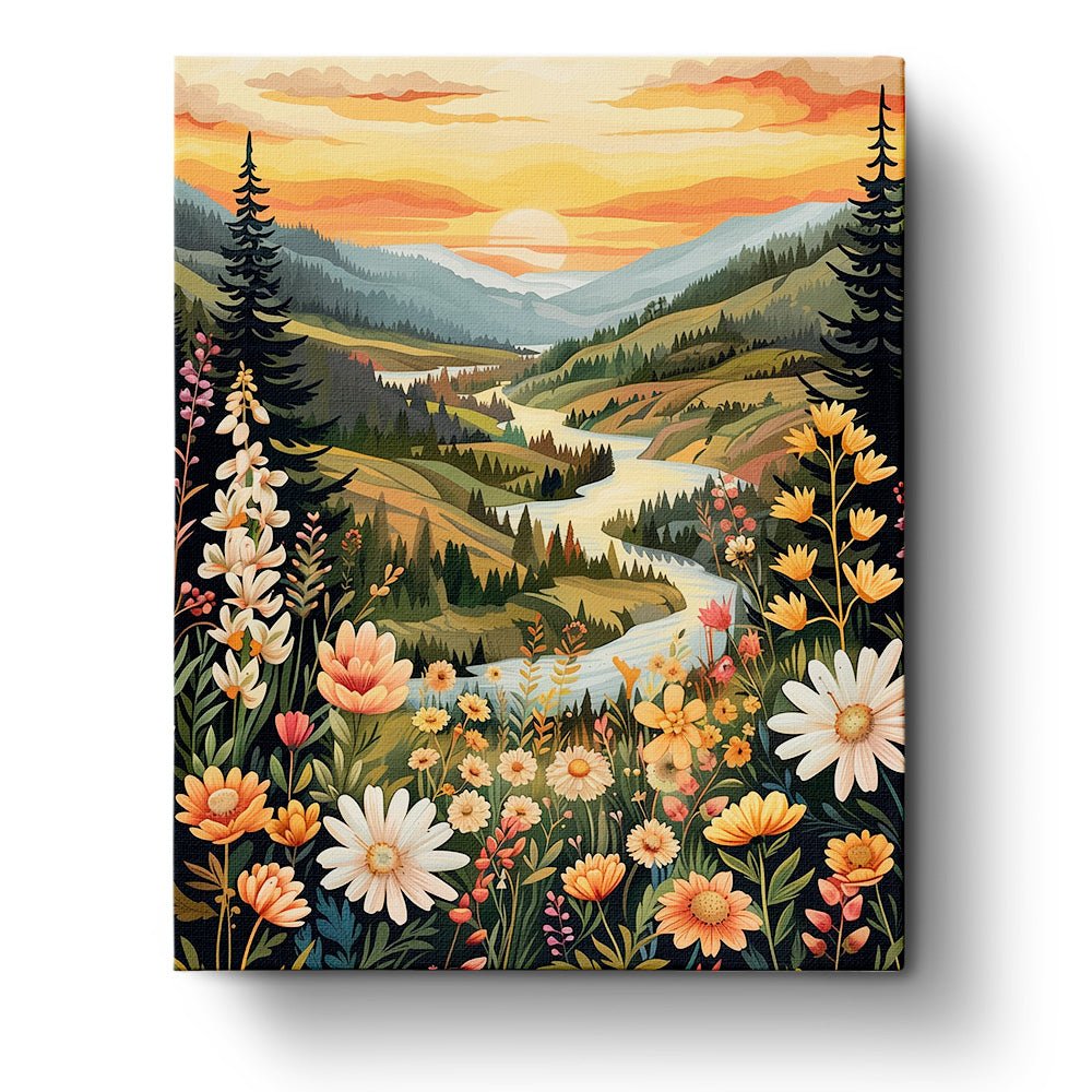 Fixed paint by numbers kit, 24 colors, 16x20in. Serene riverscape with vibrant flowers for relaxation.
