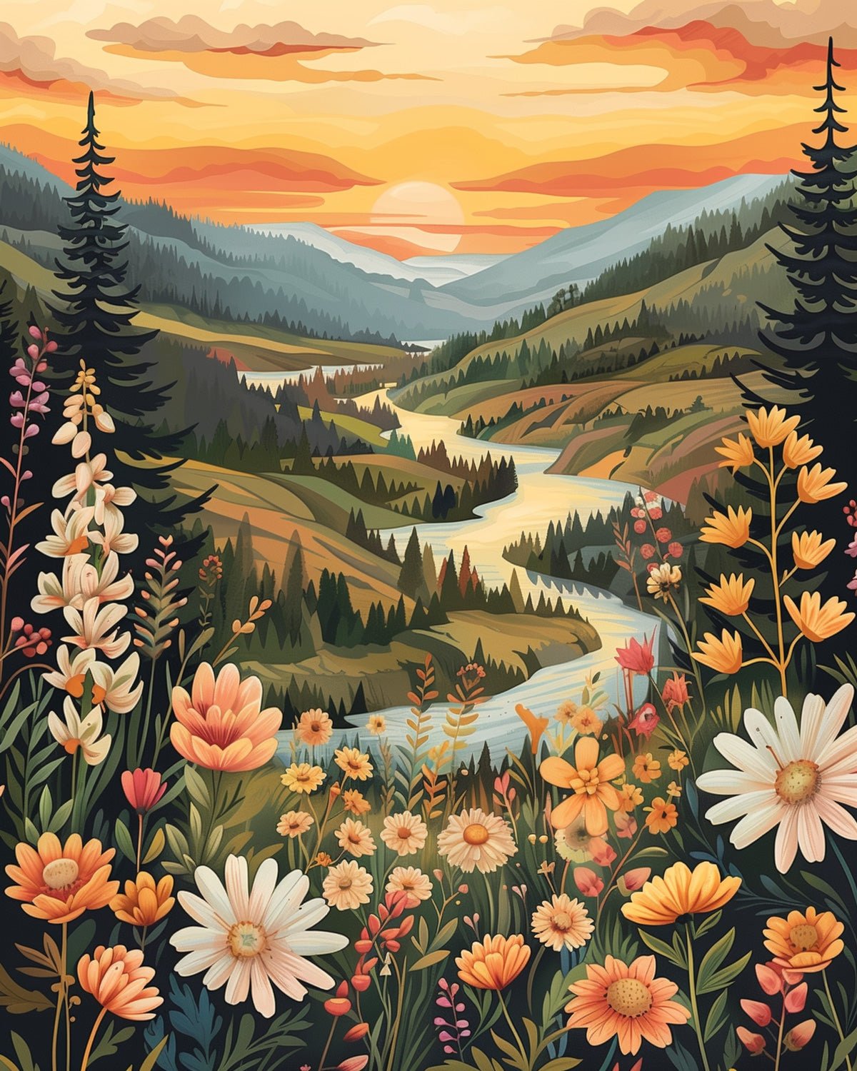 Fixed kit, 24 colors, 12x16in. Peaceful landscape with colorful blooms. Ideal for mindfulness and stress relief.