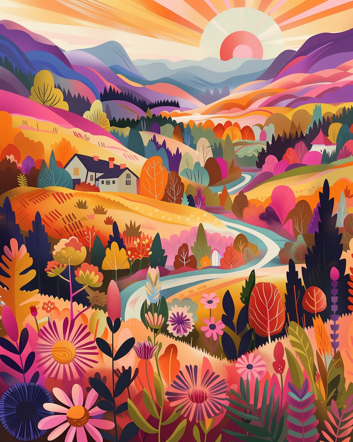 Fixed paint-by-number kit, 24 colors, 12x16in. Colorful landscape scene. Perfect for a mindful painting experience.