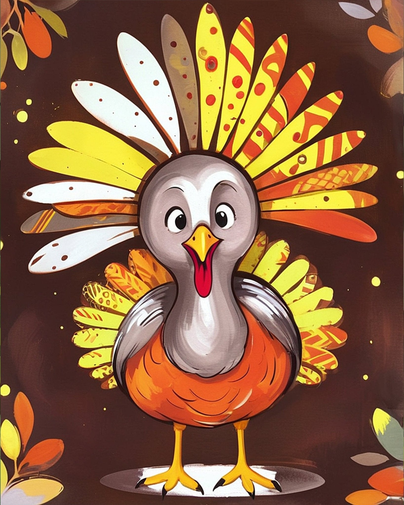 Fixed kit, 24 colors, 16x20in. Cheerful turkey art in vibrant tones. Ideal for creative relaxation and joyful painting.