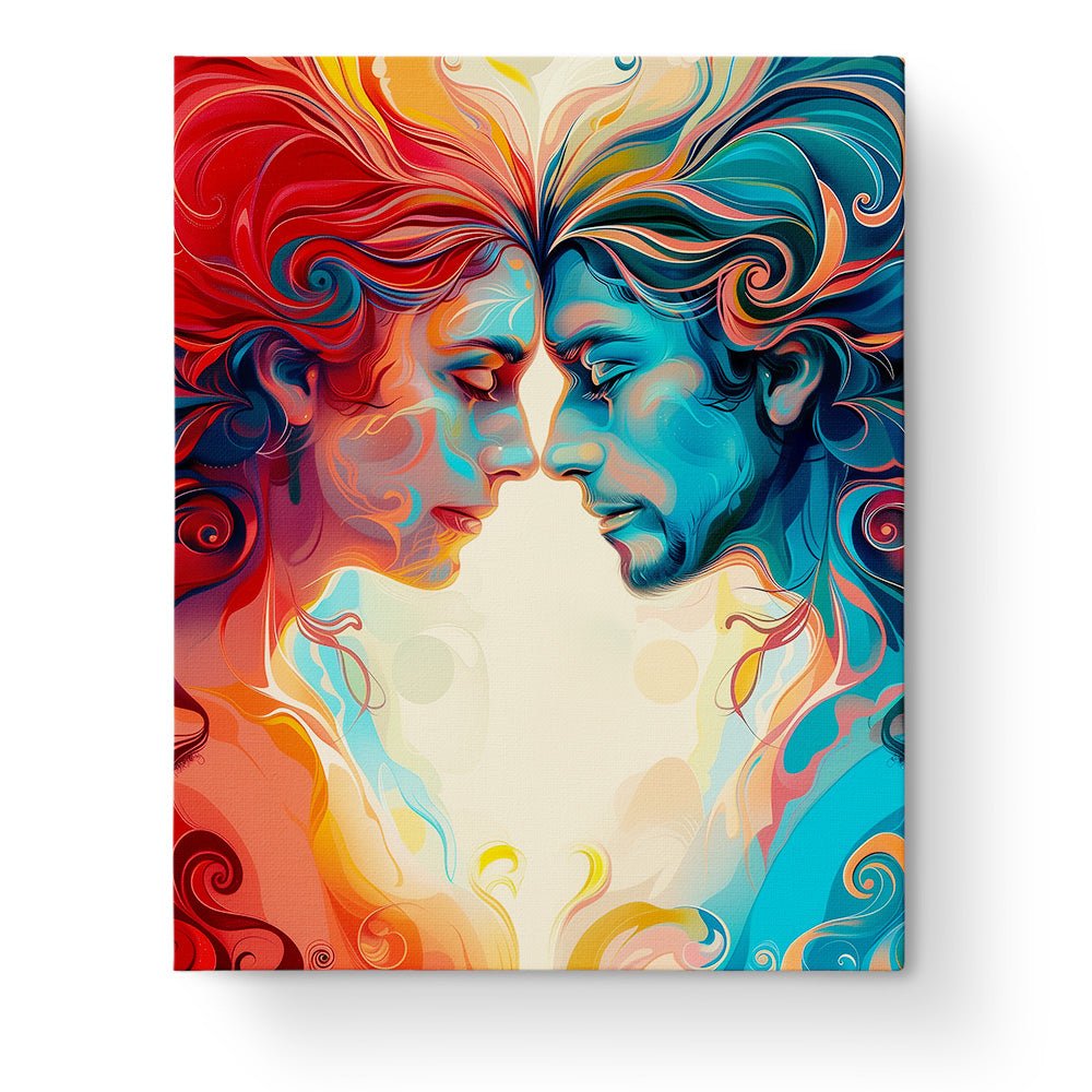 Fixed paint by numbers kit, 24 colors, 16x20in. Vibrant portrait of two faces in swirling patterns. Enjoy relaxation and peace.