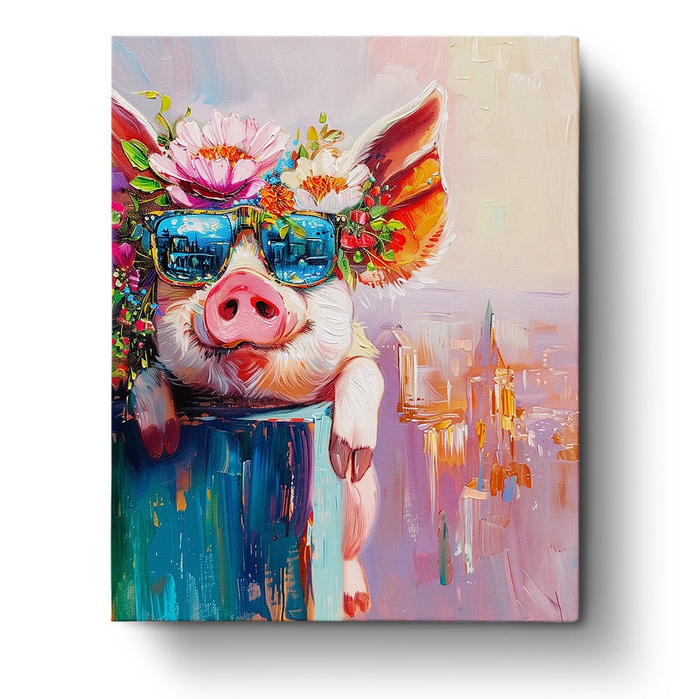 Fixed paint by numbers kit, 24 colors, 16x20in. A cheerful pig with flowers. Ideal for a calming painting experience.