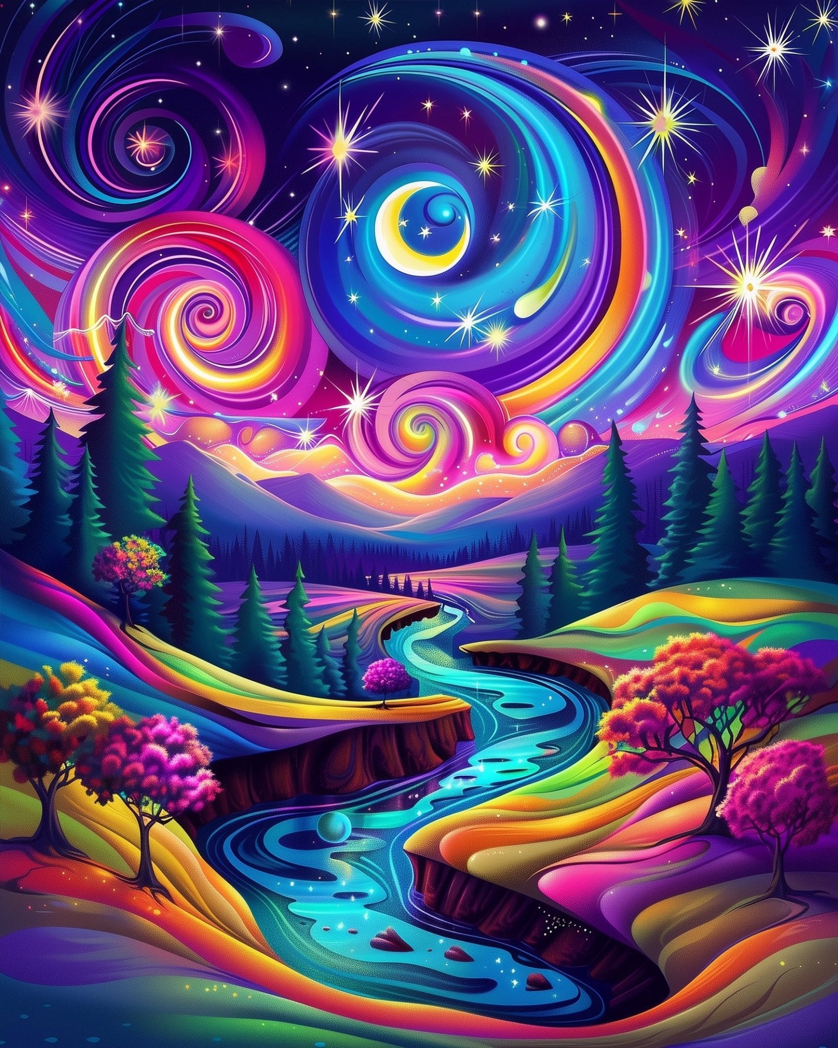 Fixed kit, 24 colors, 12x16in. Colorful dreamscape with vibrant cosmic river. Ideal for stress relief and mindfulness.