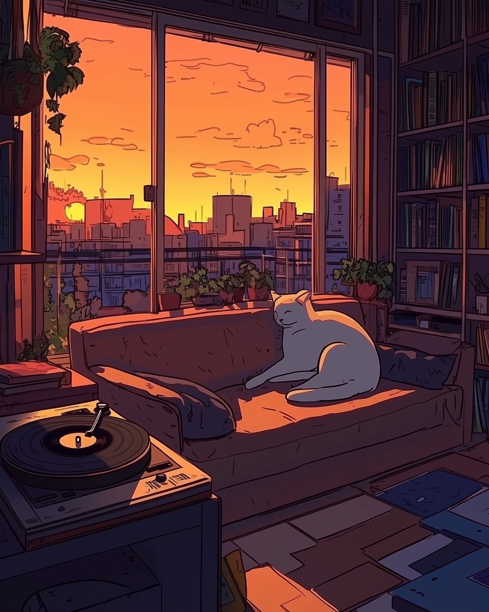 Cozy Cat at Sunset - Lo - Fi - BestPaintByNumbers - Paint by Numbers Custom Kit