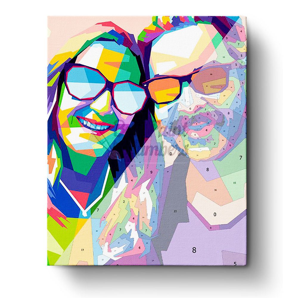Custom kit, 24-48 colors, 16x20in. Pop art couple portrait in vibrant hues. Perfect for creative relaxation.