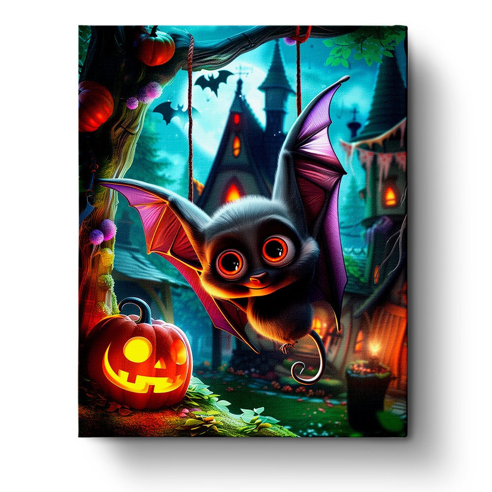Fixed kit, 24 colors, 16x20in. Adorable bat with jack-o'-lantern. Enjoy a mindful painting session. BestPaintByNumbers.