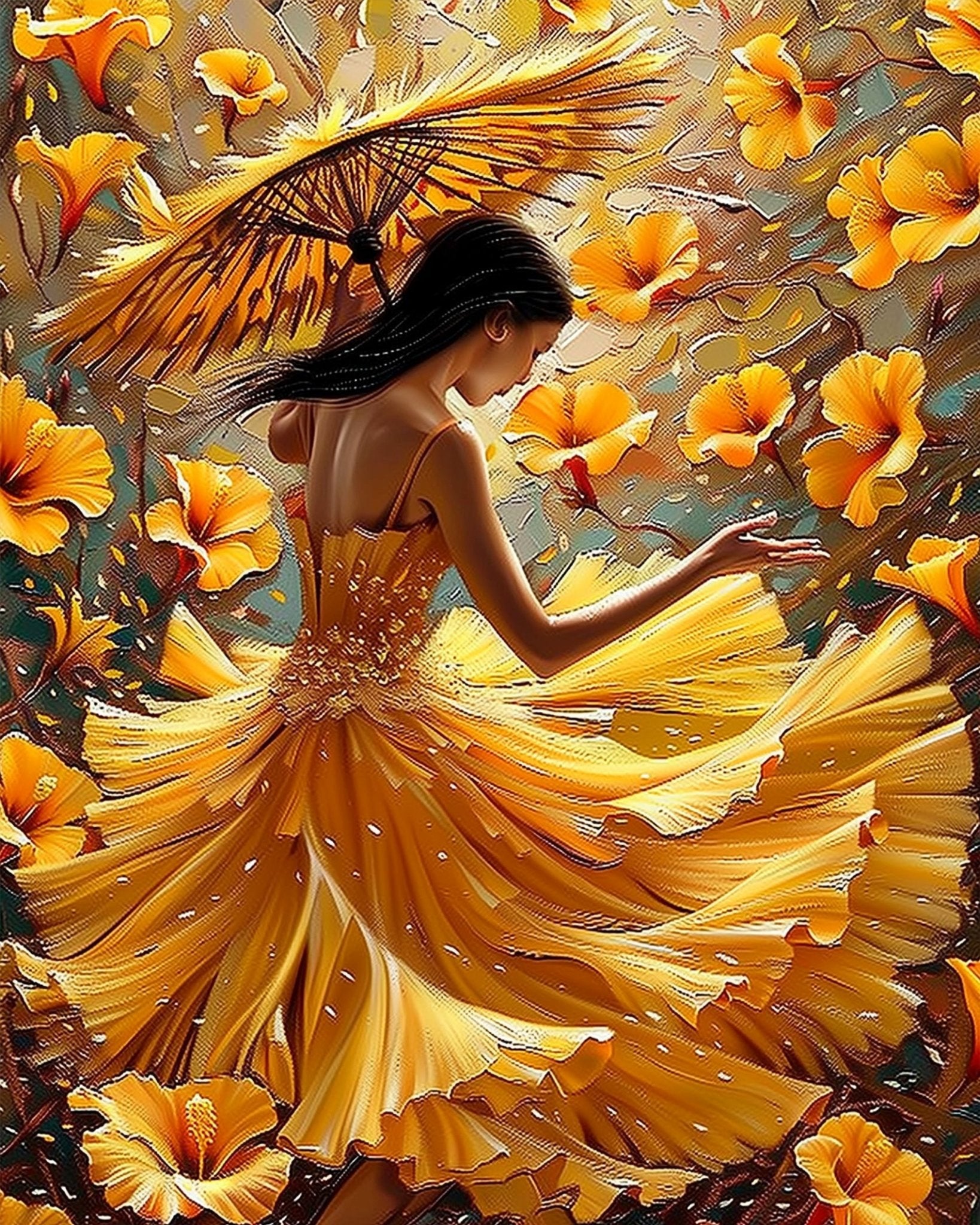 Dancing in Golden Blossoms - Floral Women - BestPaintByNumbers - Paint by Numbers Custom Kit