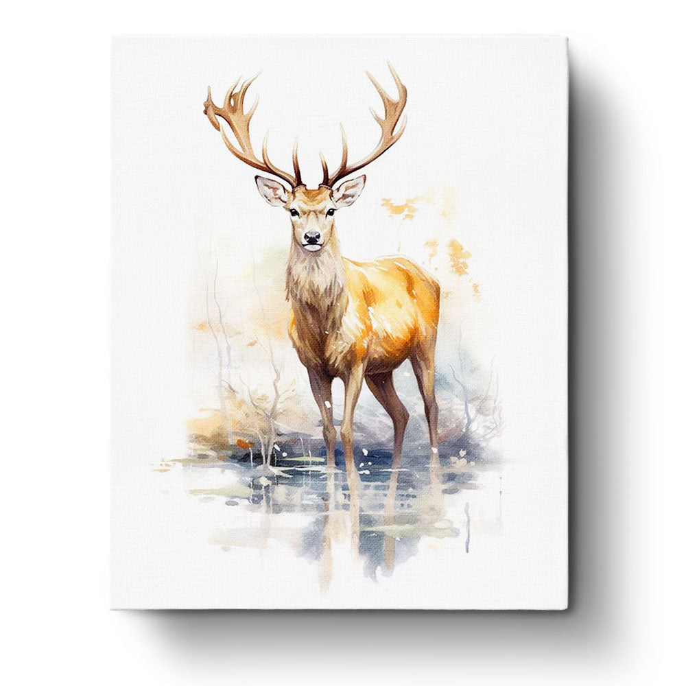 Fixed paint by numbers kit, 24 colors, 16x20in. Majestic deer by peaceful water. Stress-relieving activity.