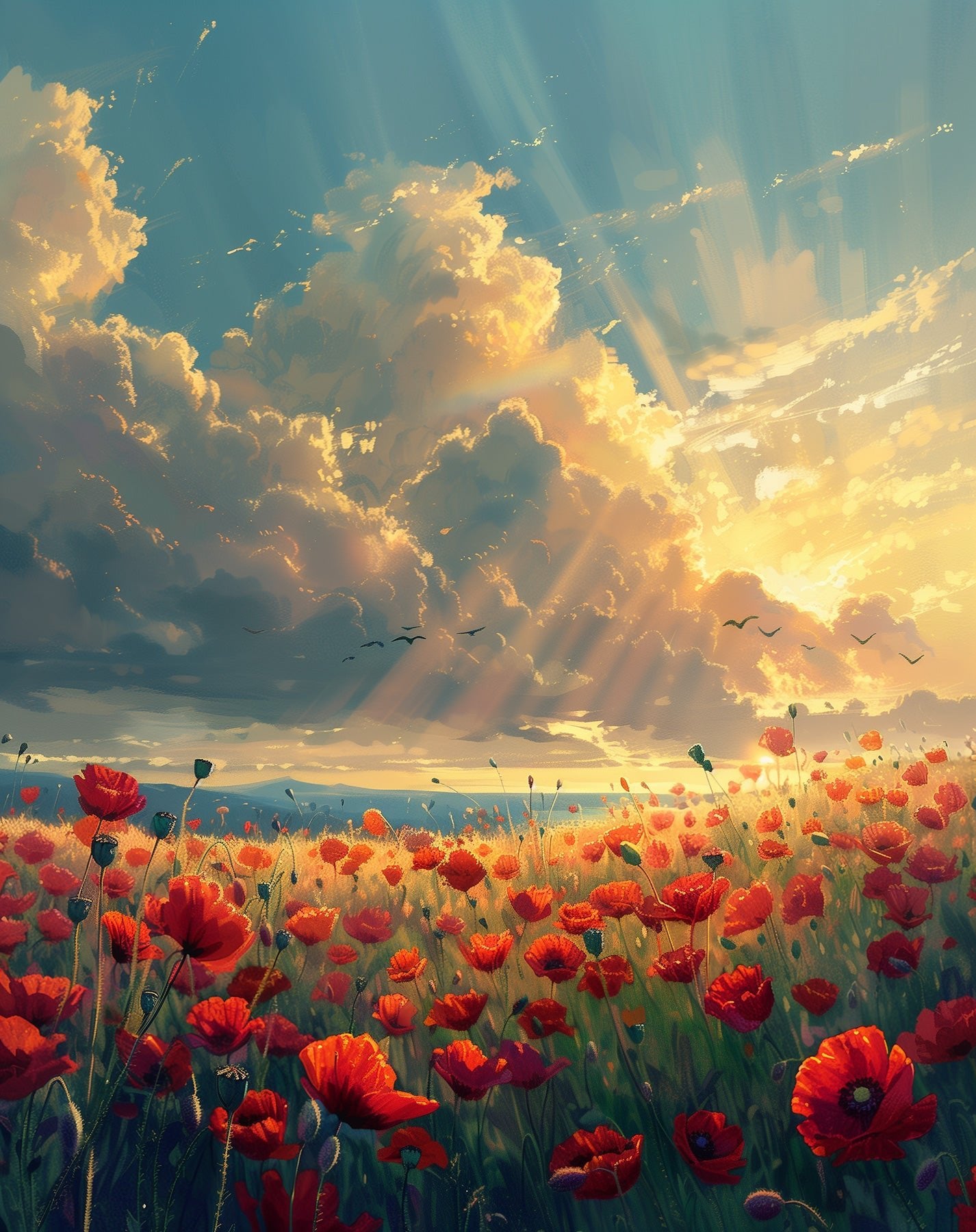 Fixed kit, 24 colors, 16x20in. Poppy flowers in golden light. Experience mindful painting with BestPaintByNumbers.