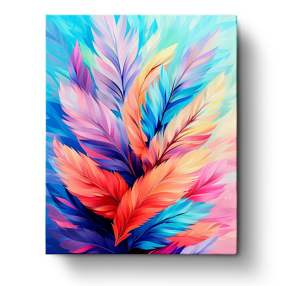 Colorful feather-inspired painting kit titled 'Vibrant Feather Elegance' by BestPaintByNumbers, showcasing a vibrant palette of blues, pinks, and oranges. Perfect for mindfulness and creativity.