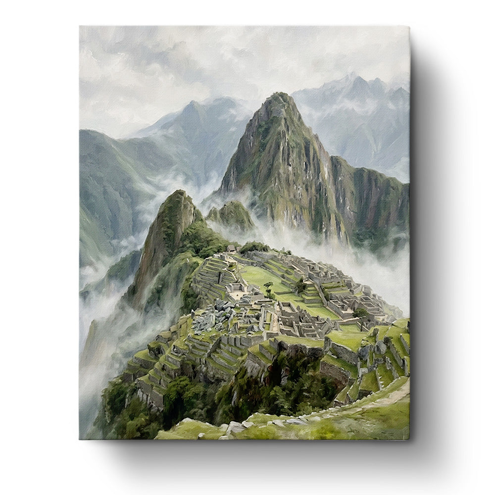 Machu Picchu Adventure - Landscape by BestPaintByNumbers. Captures the misty, serene beauty of the ancient ruins set against towering peaks. Ideal for mindfulness.