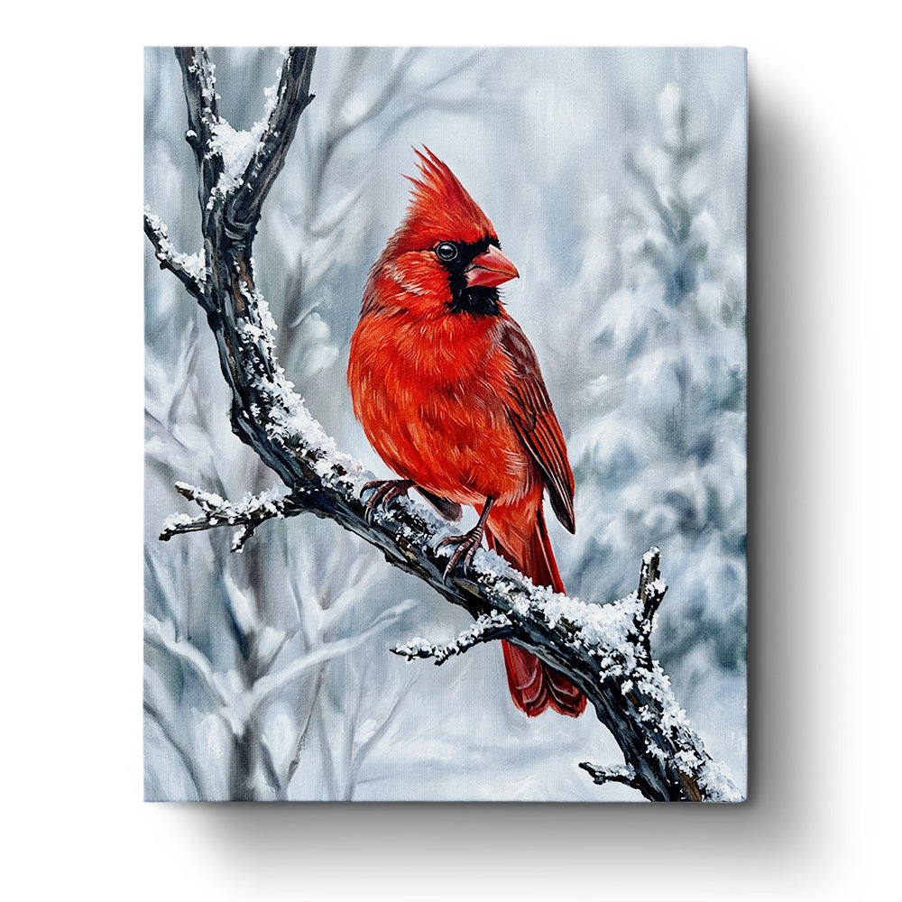 Vibrant Cardinal in Winter - Animals by BestPaintByNumbers. A vivid red cardinal perched on a snowy branch, against a backdrop of wintry forest, emphasizing mindfulness and creativity.
