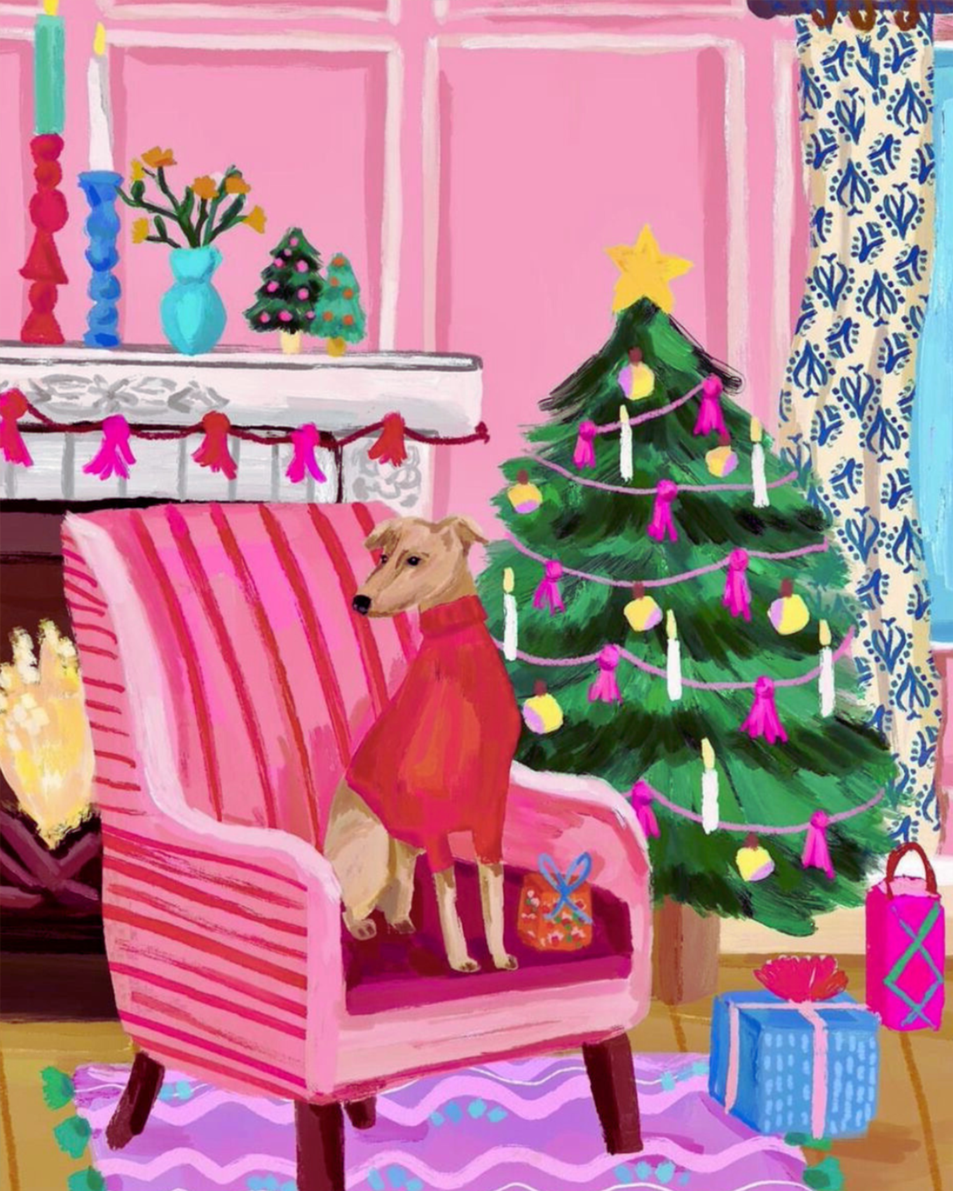 Artistic holiday scene of a dog in a pink chair with gifts and Christmas tree. Perfect for relaxation and creativity. Cozy Christmas with Dog - Christmas by BestPaintByNumbers.