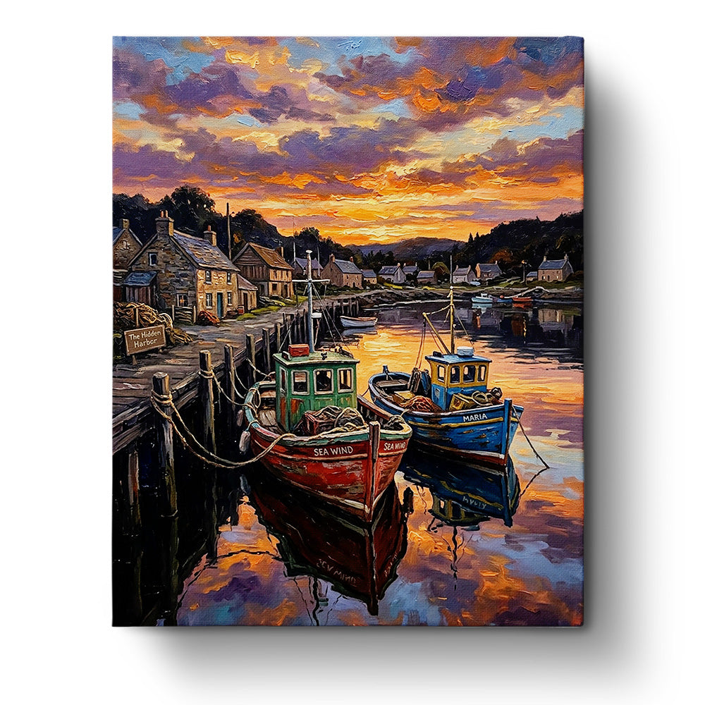 Charming Harbor Sunset by BestPaintByNumbers. Capture the serene glow of a sunset over boats and cottages, stimulating mindfulness and creativity. A peaceful fixed paint by numbers kit.