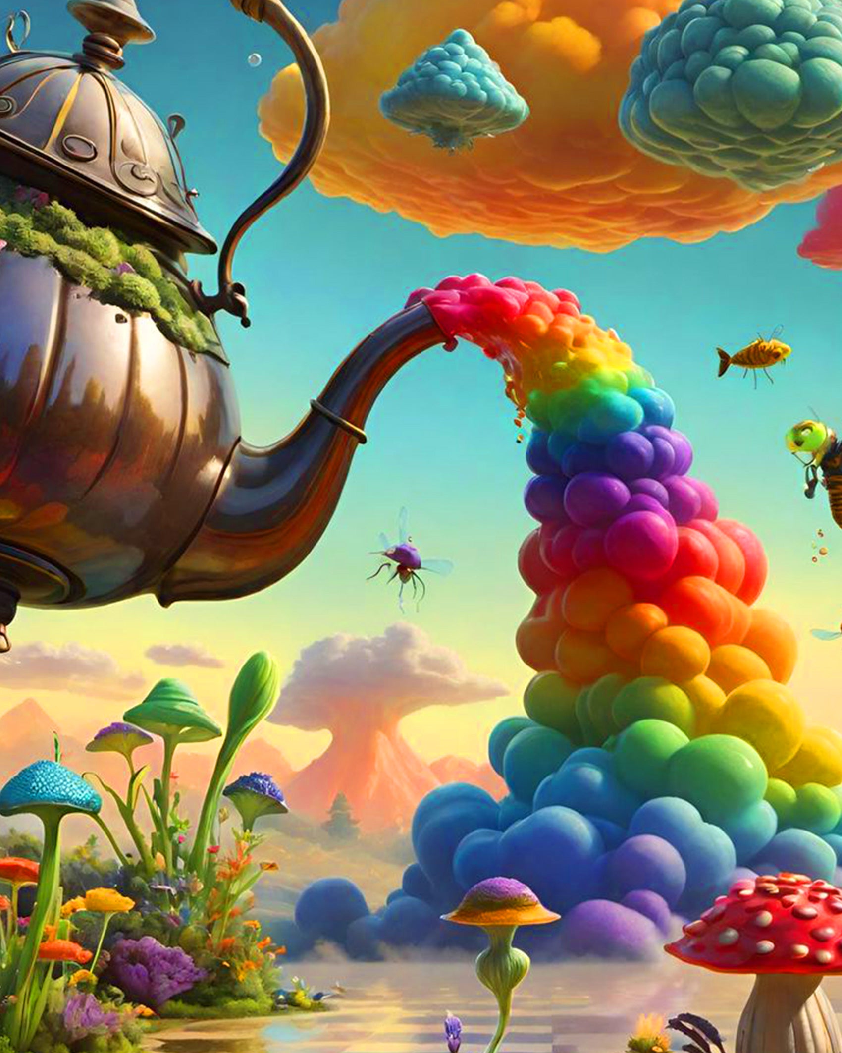Whimsical scene of a teapot releasing rainbow bubbles, set in a magical garden with bright colors and playful elements. Rainbow Fantasy Teapot - Surrealism by BestPaintByNumbers, perfect for mindfulness.