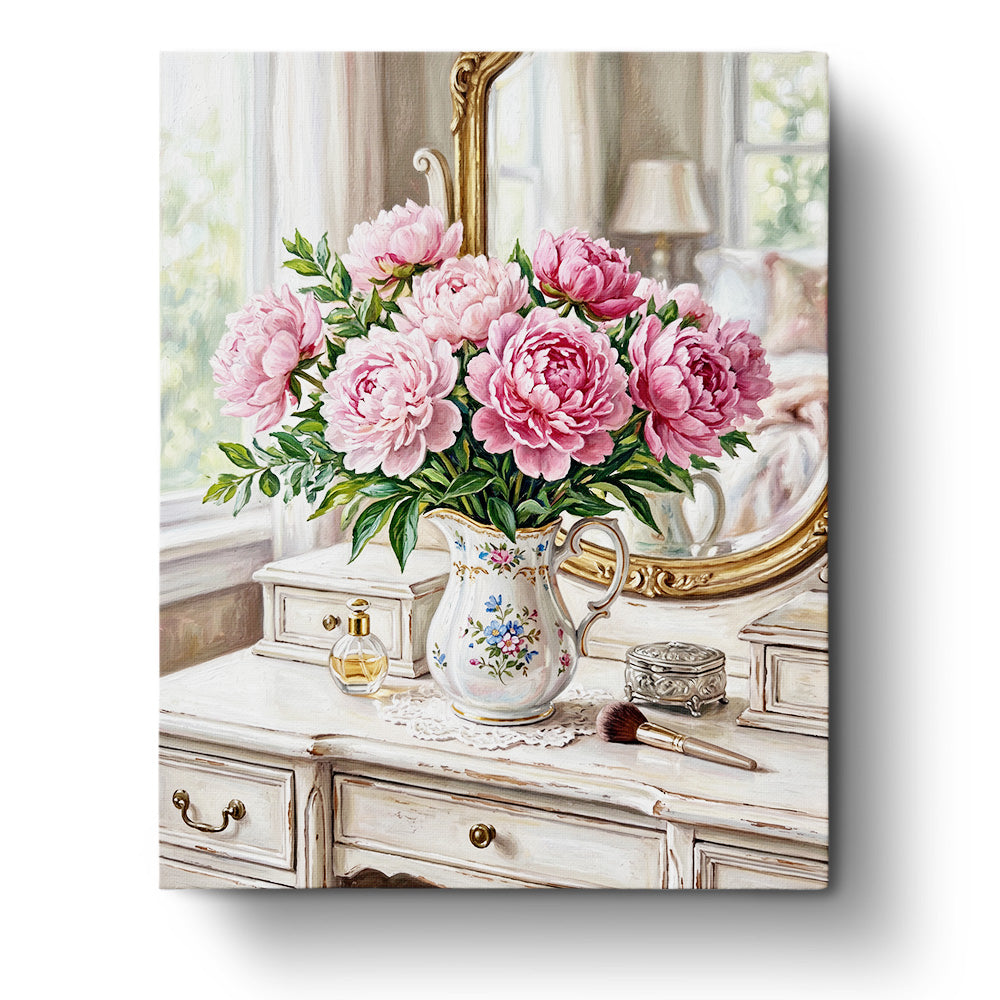 Pink Peonies in Vase - Flowers from BestPaintByNumbers. Lush pink peonies in a detailed vase, perfect for a creative and mindful painting journey.