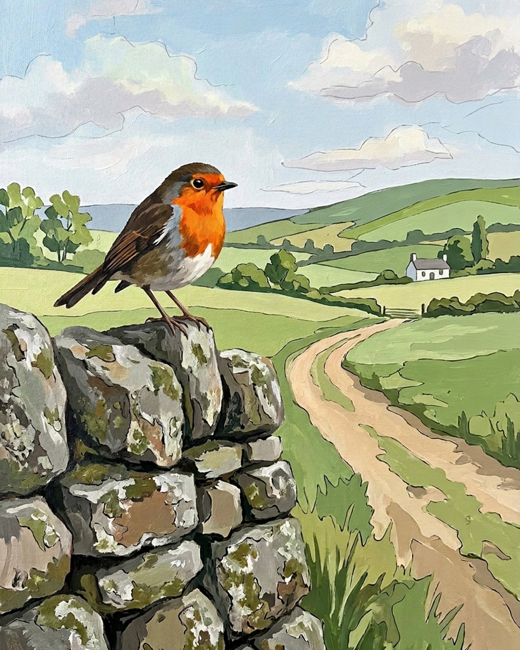 Scenic robin on a stone wall under a blue sky. BestPaintByNumbers captures nature's beauty, promoting relaxation and creativity through art.