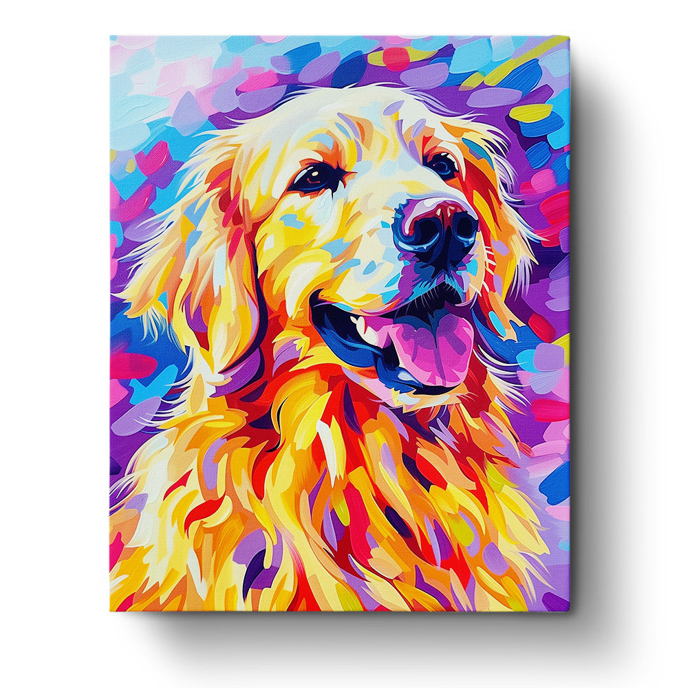 Vibrant paint by numbers kit featuring a Colorful Golden Retriever from BestPaintByNumbers. Highlighting bright hues of yellow, purple, and pink, this kit celebrates mindfulness and creativity through abstract animal art.