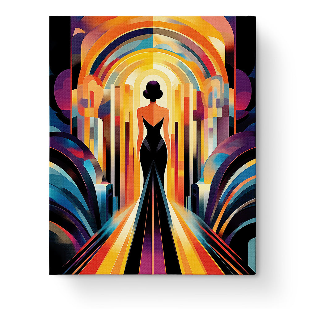 A striking Art Deco silhouette painting featuring a figure in elegant attire surrounded by bold sunset hues and geometric shapes, by BestPaintByNumbers. Perfect for mindfulness.