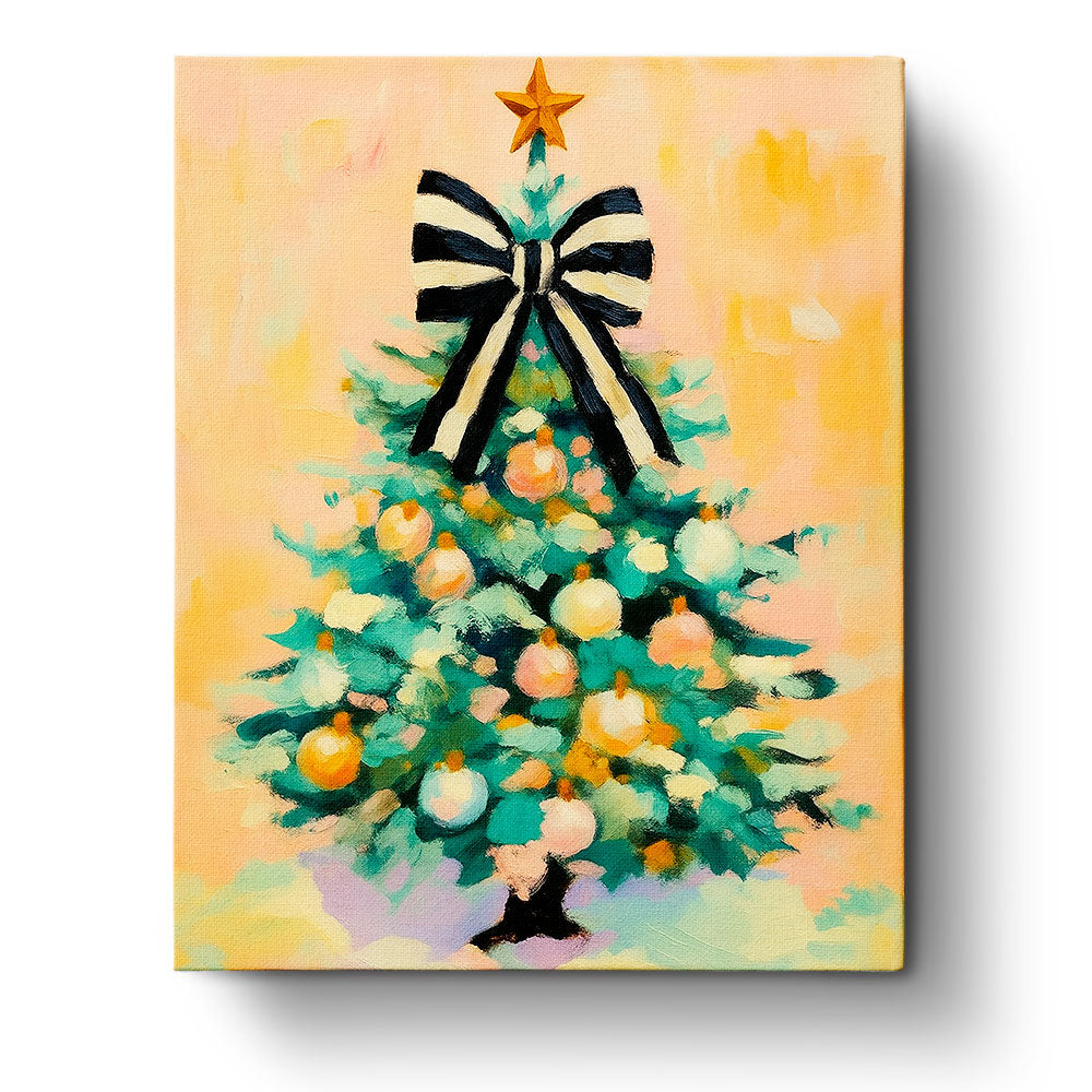 A beautifully painted Christmas tree with a bold black and white bow on a warm peach background. Whimsical Christmas Tree with Bow - BestPaintByNumbers. Experience creativity and mindfulness with this festive design.