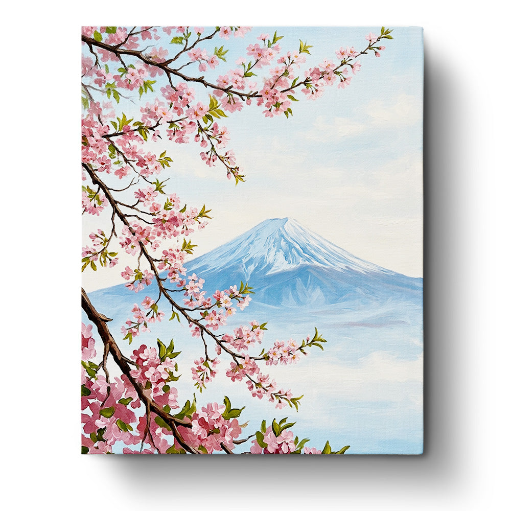 Cherry blossoms framing a majestic mountain in the Cherry Blossoms and Mountain View - Landscape paint by numbers kit by BestPaintByNumbers. Capture the delicate pinks and peaceful blues for a mindful escape.