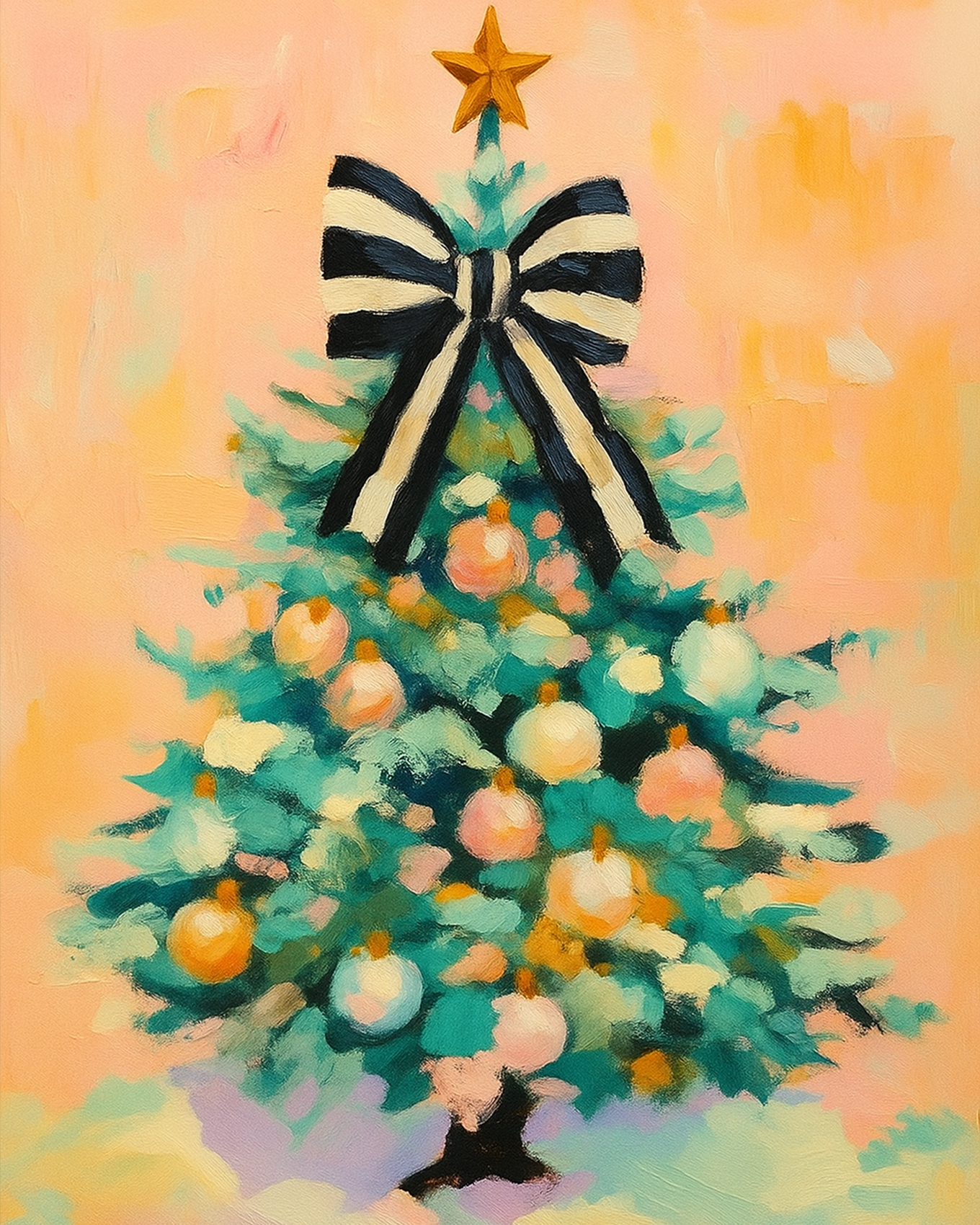 Charming Christmas tree adorned with a striking ribbon on a soft pastel canvas. Whimsical Christmas Tree with Bow - BestPaintByNumbers. Perfect for a peaceful, creative holiday activity.