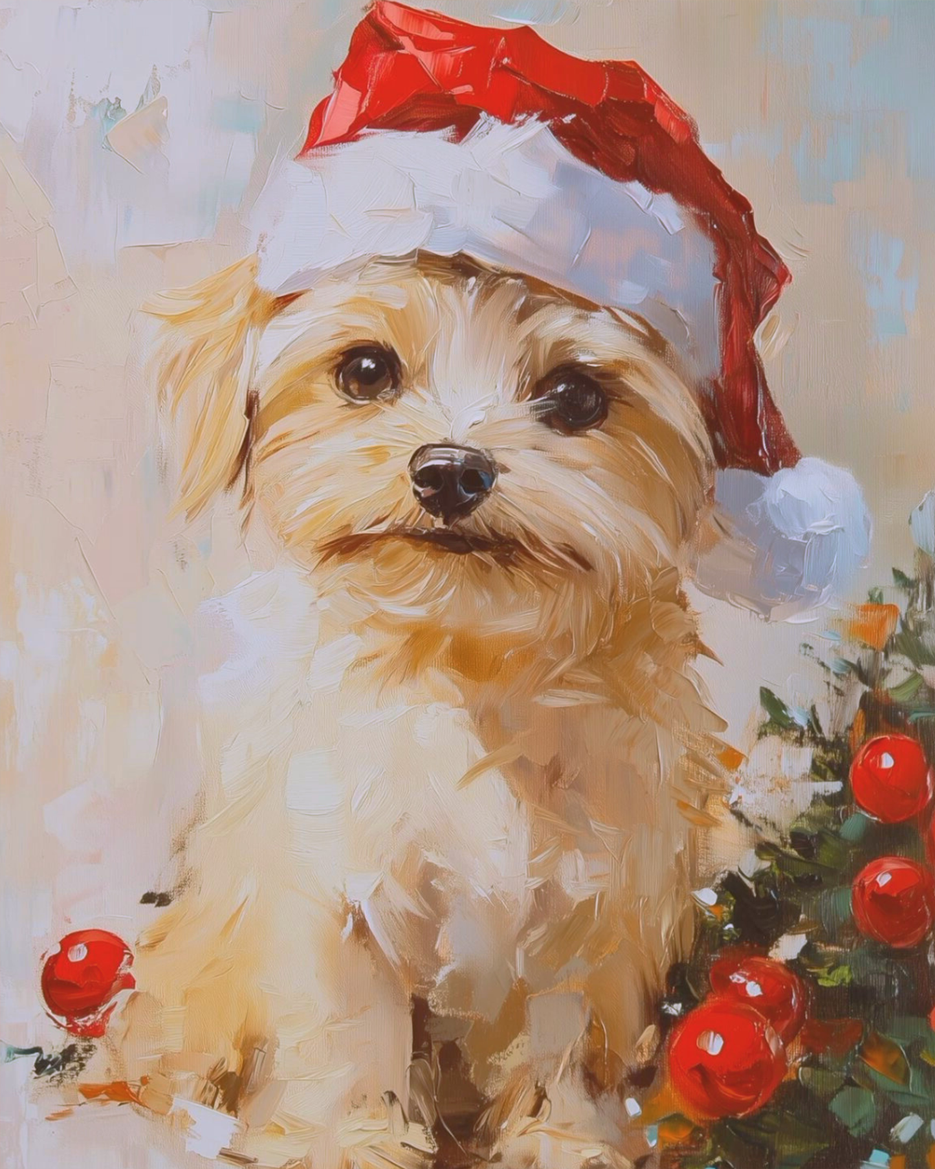 A joyful Christmas puppy wearing a Santa hat beside ornaments. BestPaintByNumbers kit ideal for stress relief and artistic expression.