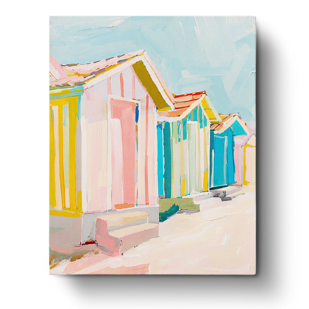 Colorful Beach Huts - Places Paint By Numbers Kit from BestPaintByNumbers. Features vivid beach huts in pastels, capturing a tranquil coastal vibe. Perfect for mindfulness and creativity.