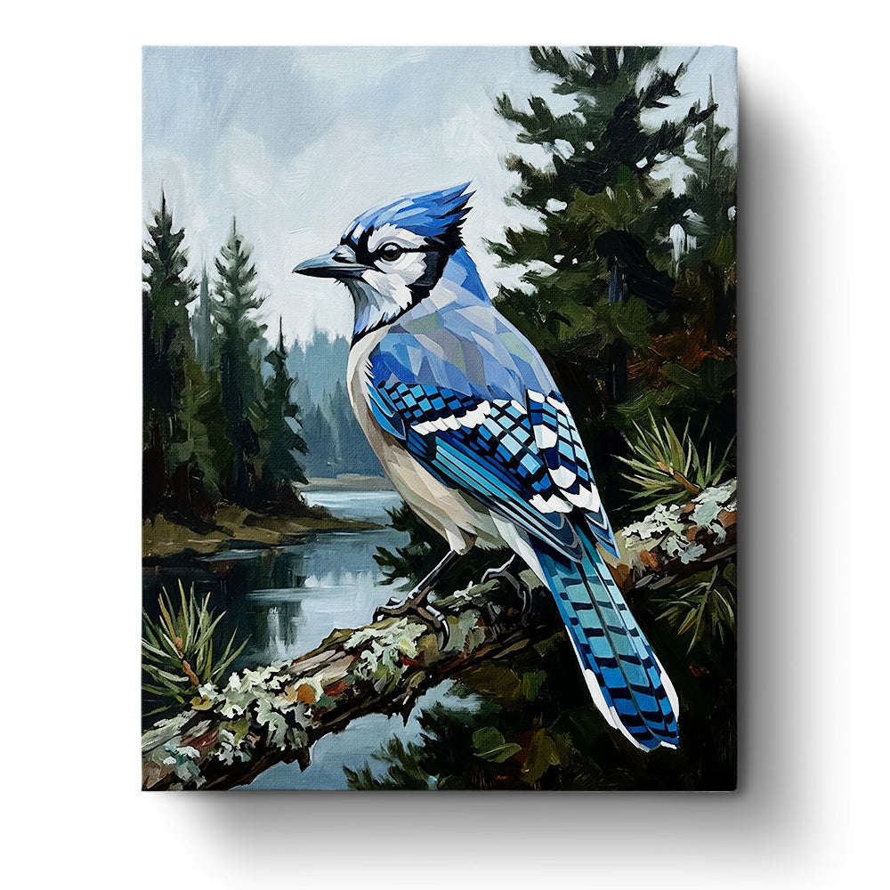 Majestic Blue Jay on Branch - Animals by BestPaintByNumbers. A detailed scene featuring a vivid blue jay perched on a branch with a serene forest background, inspiring mindfulness and creativity.
