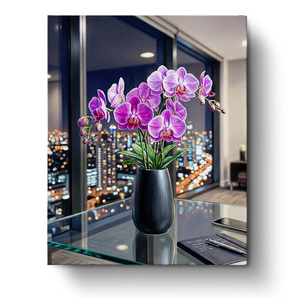 Elegant Orchid Evening Flowers by BestPaintByNumbers features delicate purple orchids in a sleek vase against a city night scene. Perfect for mindfulness and creativity.