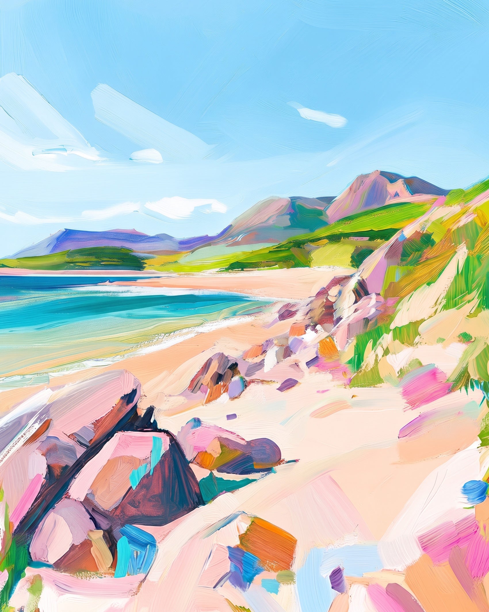 Experience the tranquility of a sunlit beach in Coastal Serenity - Landscape by BestPaintByNumbers. This paint by numbers kit offers a meditative painting experience.