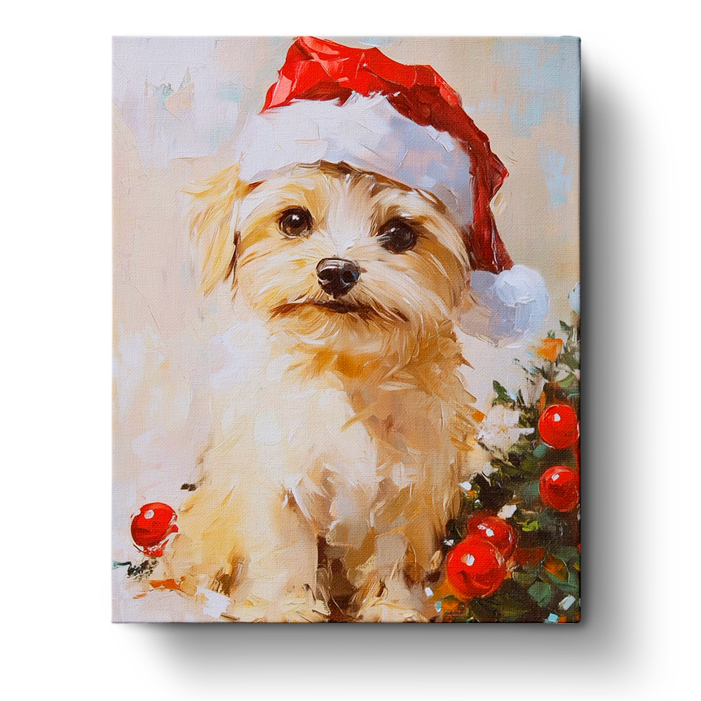 BestPaintByNumbers product showing an adorable puppy in a Santa hat with festive decorations. Perfect for mindfulness and creativity during Christmas.