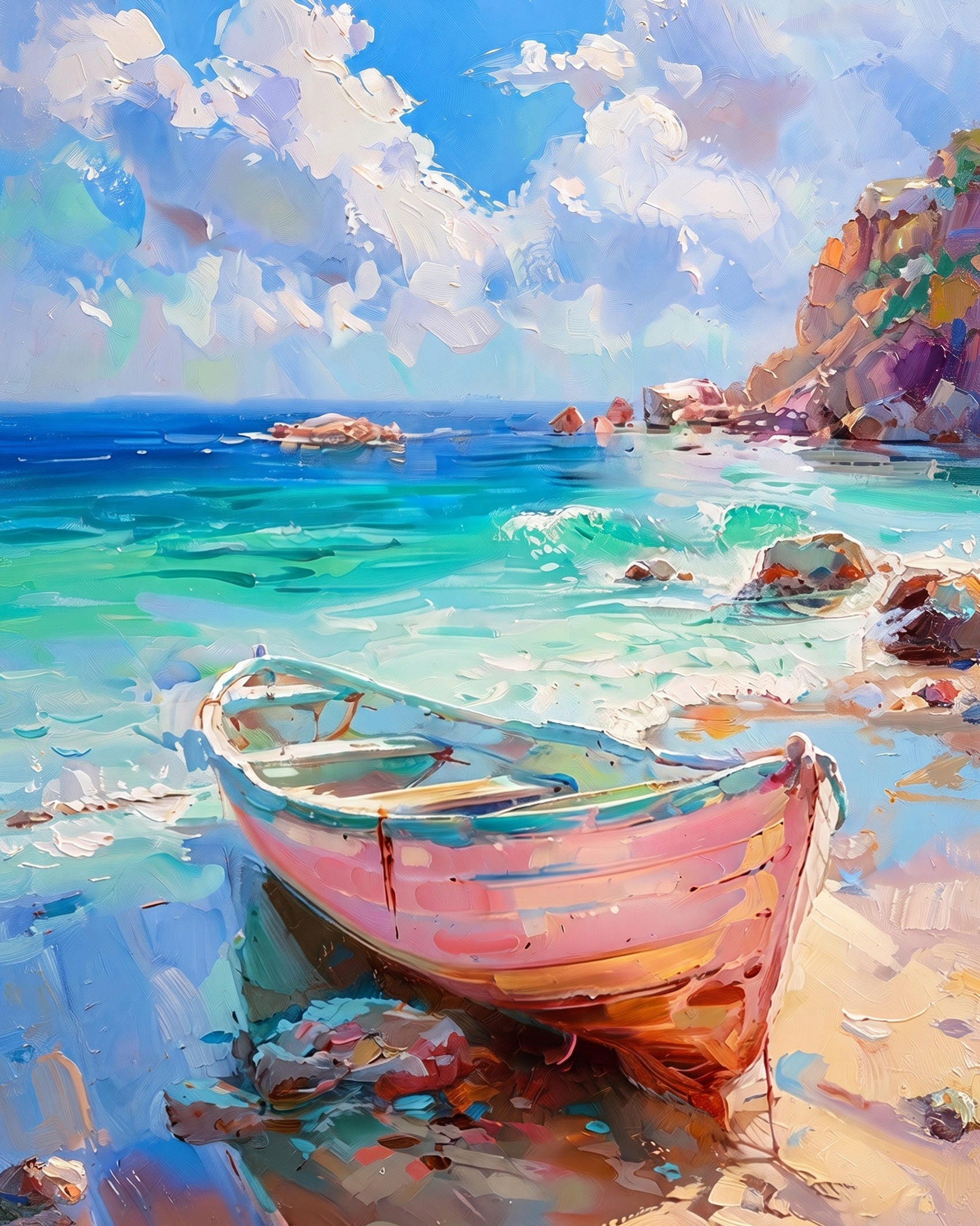 BestPaintByNumbers presents Seaside Serenity - Landscape. A colorful beach scene with a pink boat, clear sea, and vibrant sky. Perfect for stress relief and artistic expression.