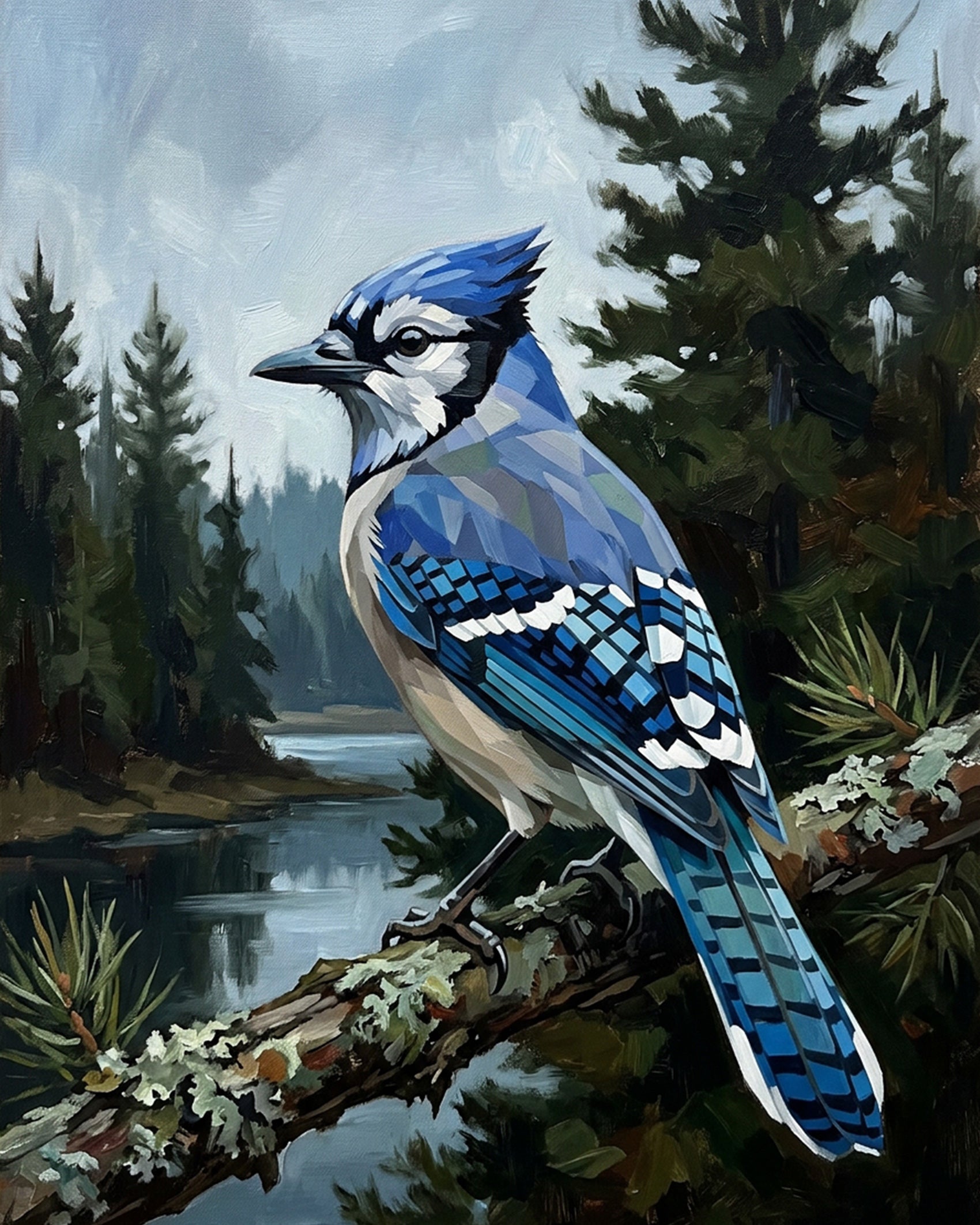 Blue Jay on Branch paint by numbers fixed kits scene by BestPaintByNumbers. Highlights a blue jay's intricate features against a calming forest backdrop for a meditative art experience.
