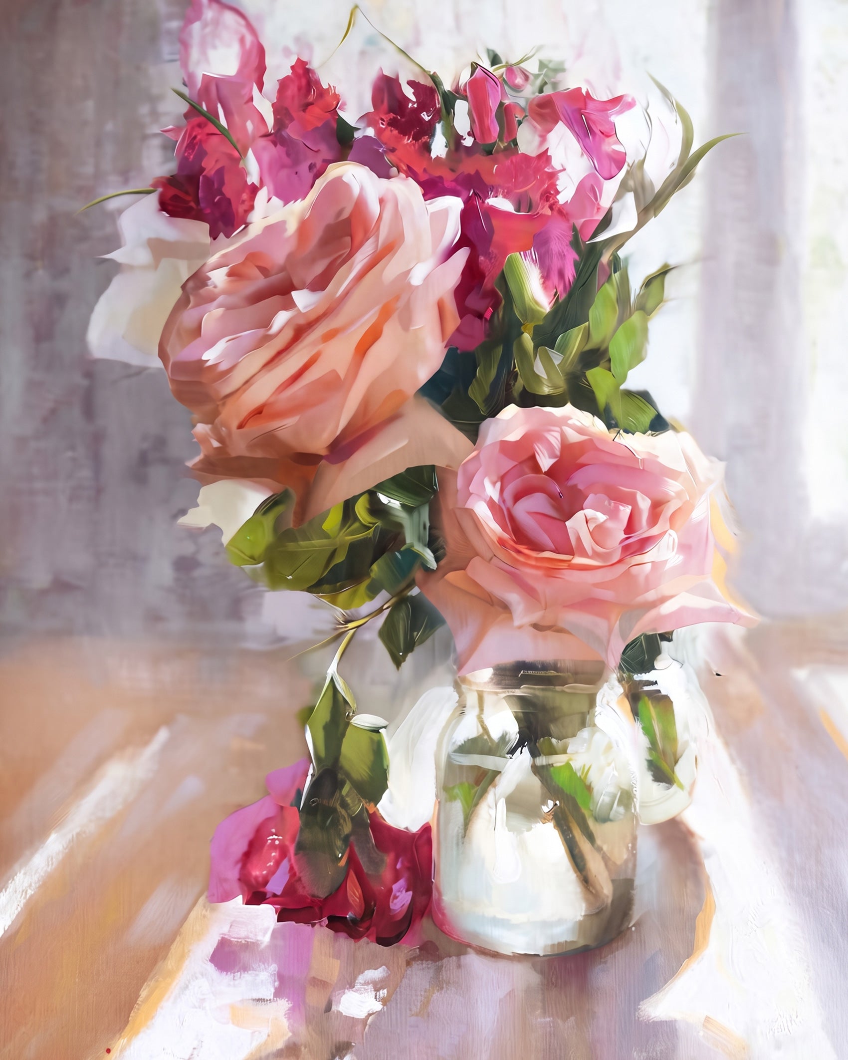 BestPaintByNumbers' Vibrant Bouquet in Glass Vase displays vivid pink and red roses, perfect for a mindful artistic adventure. Ideal for relaxation.