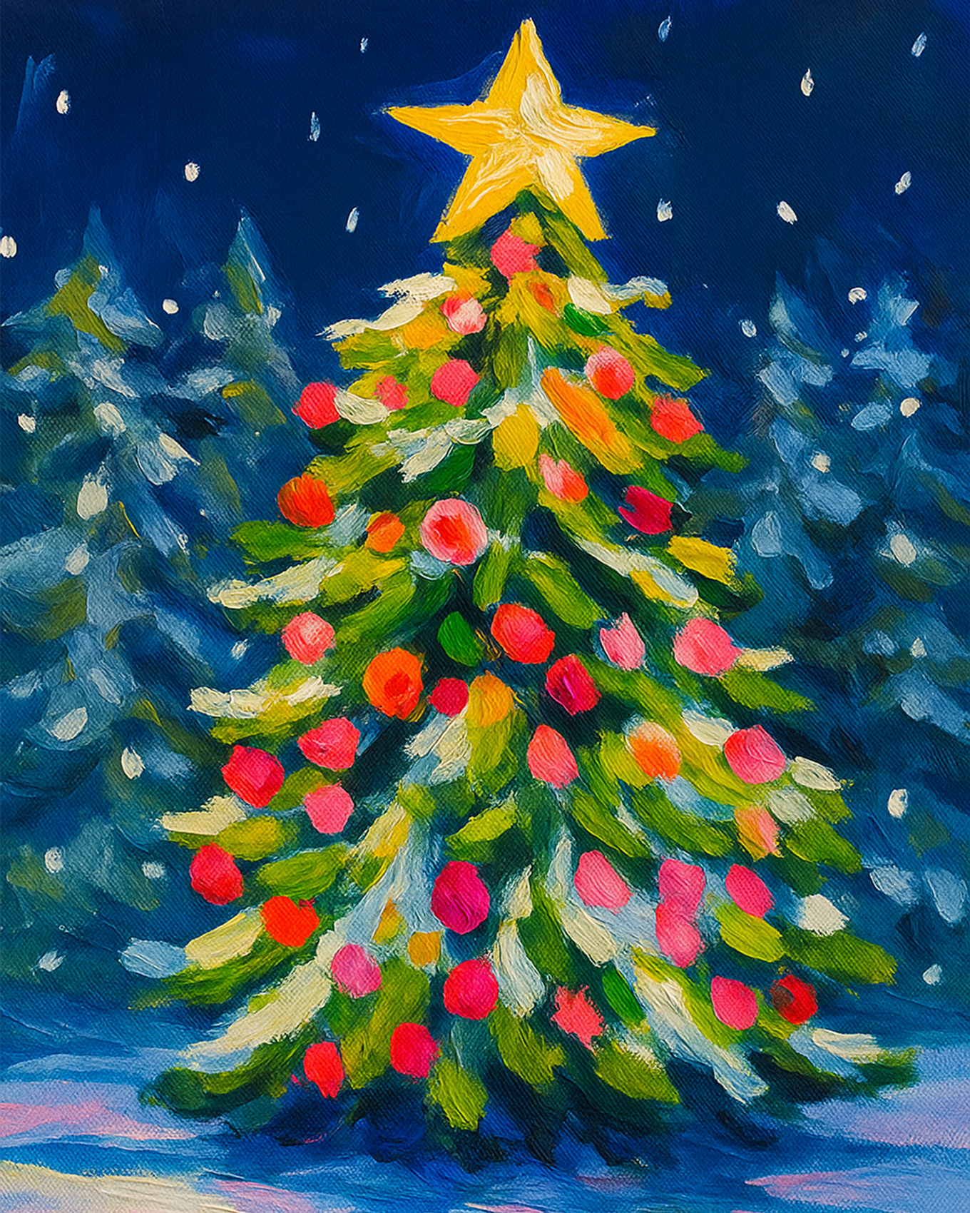 Lush Christmas tree with vibrant ornaments and a shining star, captured in a paint by numbers fixed kit from BestPaintByNumbers, for mindfulness and creative relaxation.