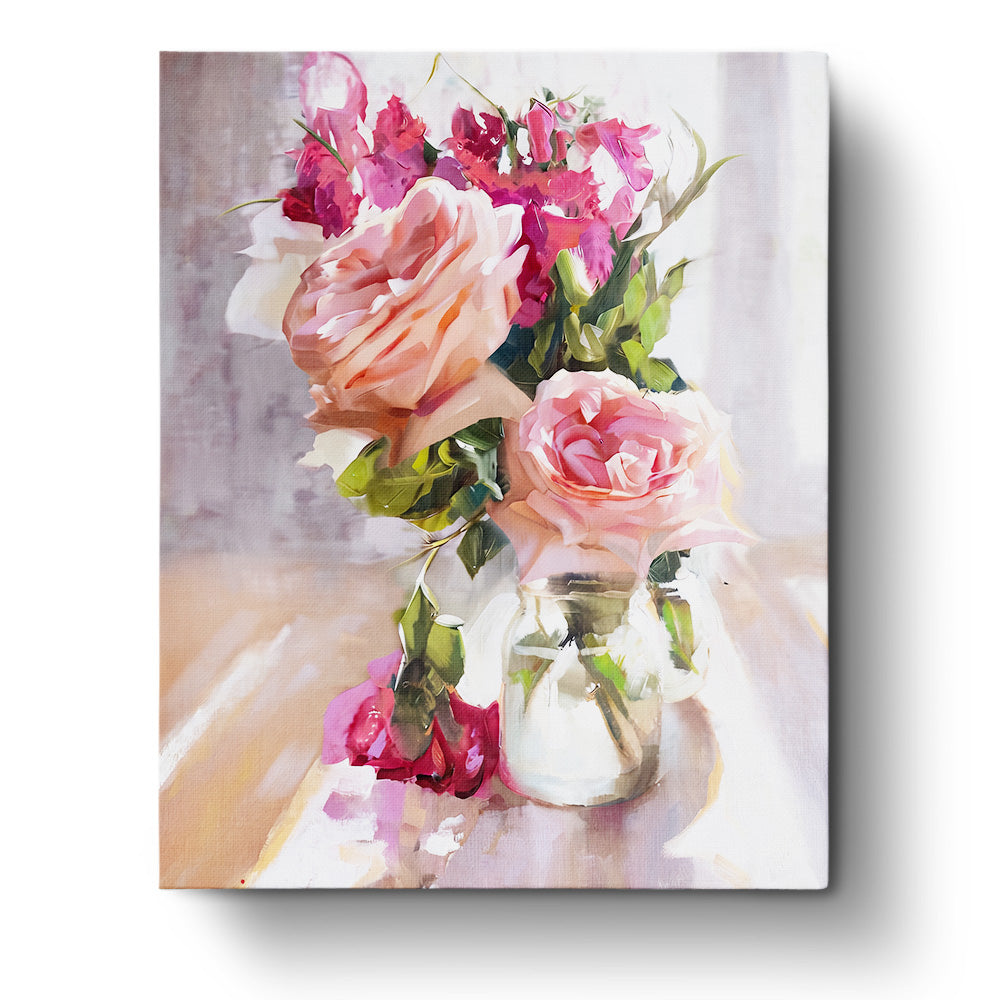 Vibrant Bouquet in Glass Vase from BestPaintByNumbers features a stunning arrangement of pink and red flowers in a glass vase. Experience mindfulness and creativity.