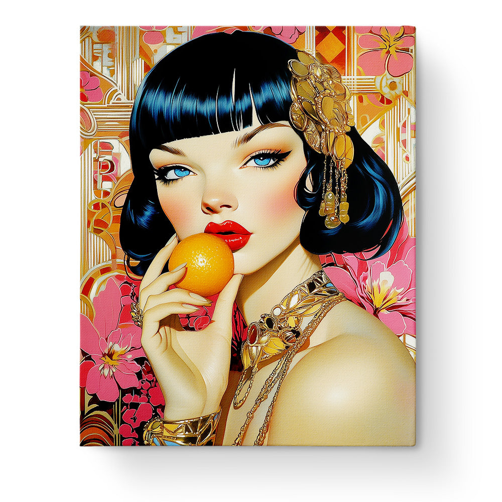 Golden Elegance with Citrus - Art Deco by BestPaintByNumbers. An elegant woman in regal jewelry holding an orange against a backdrop of lush, vibrant flowers, emphasizing creativity and mindfulness in your painting journey.