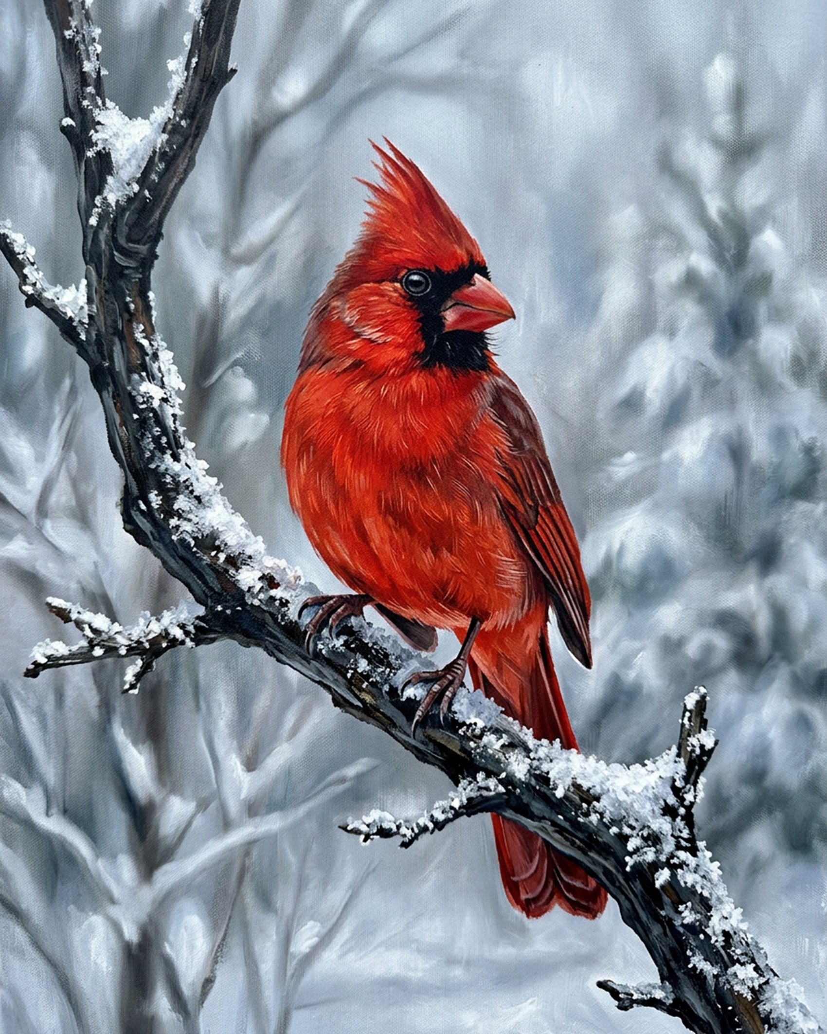 BestPaintByNumbers' Vibrant Cardinal in Winter - Animals. The bright red cardinal stands out amid snowy branches, offering a relaxing and creative experience.
