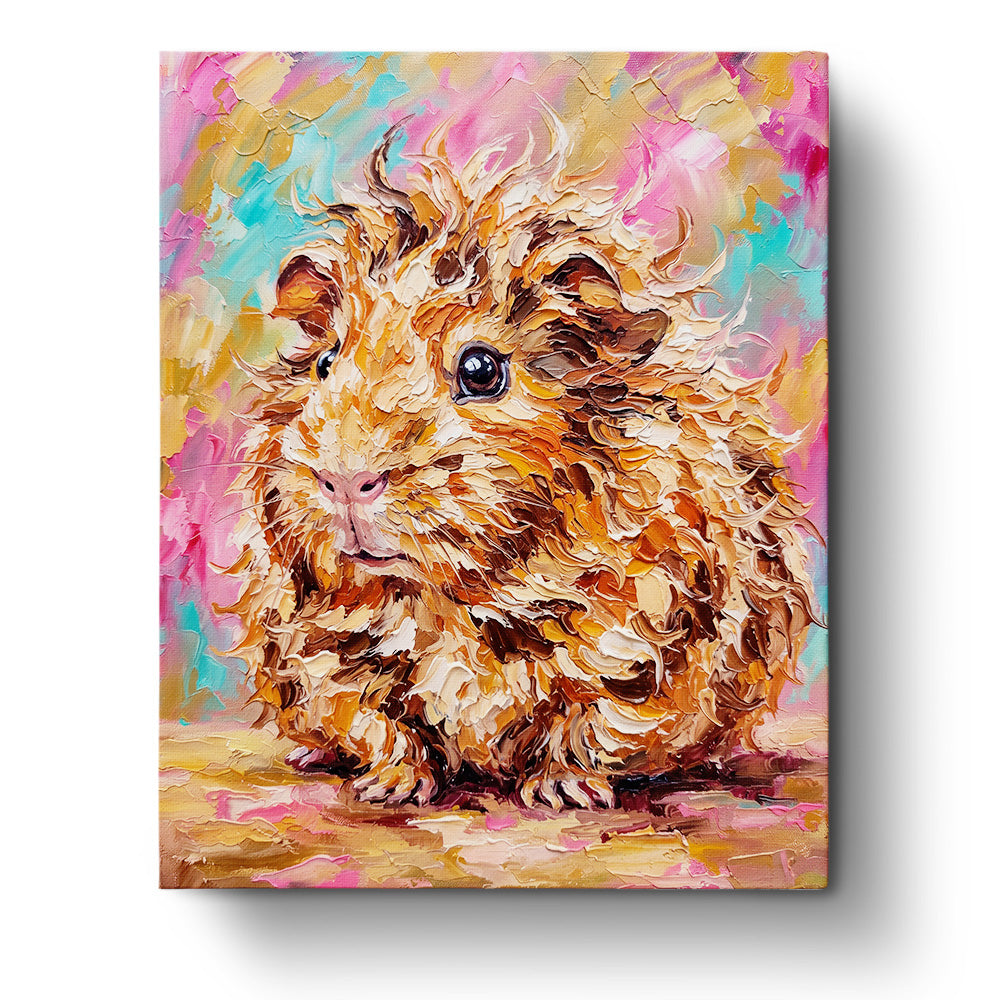 Fluffy Guinea Pig Portrait in vibrant colors by BestPaintByNumbers. Beautifully textured with shades of brown, pink, and blue. Perfect for mindfulness.
