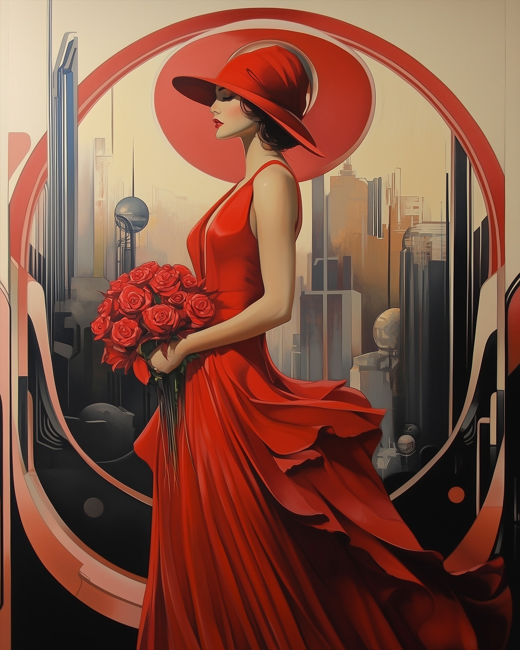 Art Deco woman in red, holding roses in a cityscape. BestPaintByNumbers kit highlighting creativity and mindfulness.