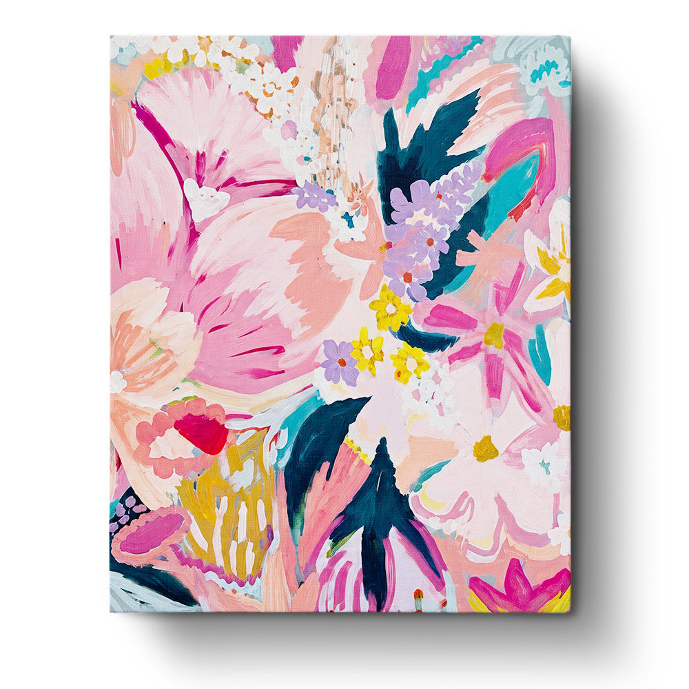 Abstract Blooming Pastel Flowers kit by BestPaintByNumbers with vibrant pinks, purples, and lush greens. Engage in mindful creativity with each brushstroke.