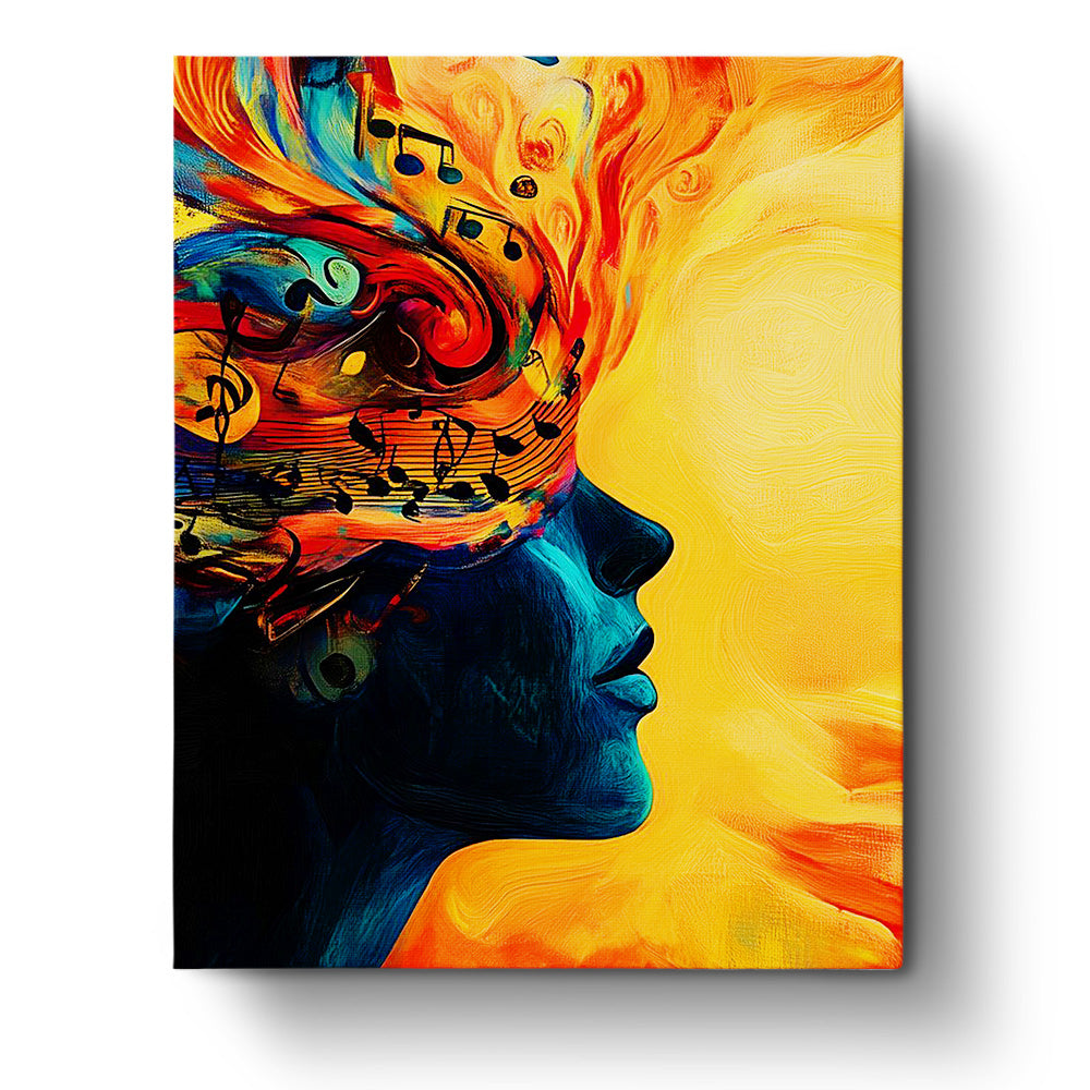 Musical Dreamscape - Surrealism by BestPaintByNumbers. A vibrant, surreal painting with audacious colors and swirling musical notes, designed for a relaxing, creative paint by numbers experience.