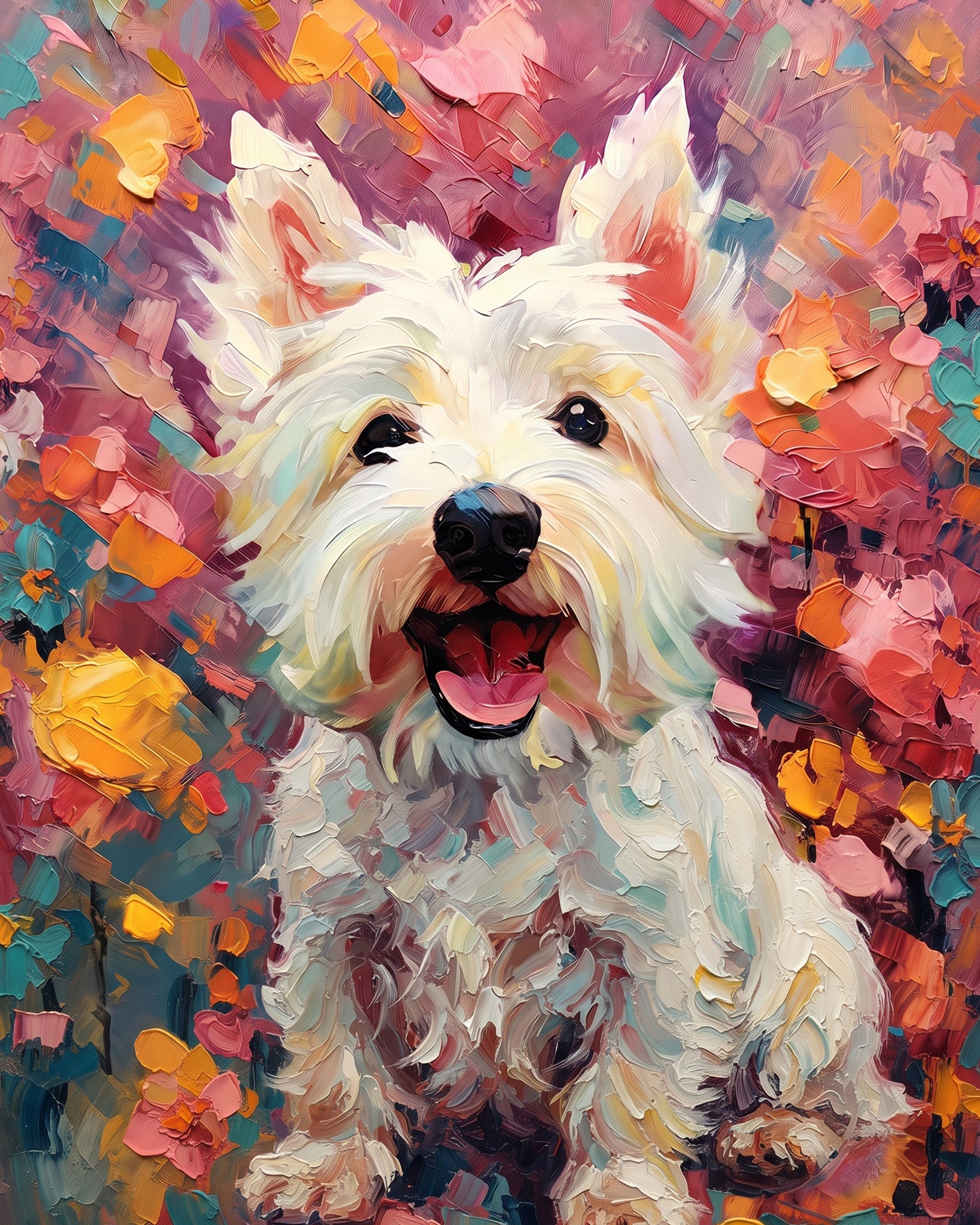 Brightly colored image of a Westie dog among flowers. A fixed paint by numbers kit by BestPaintByNumbers, promoting relaxation and creative expression.