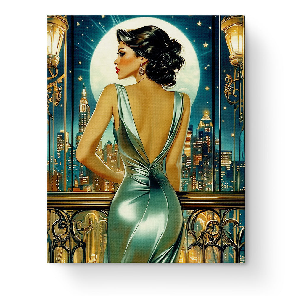 A stunning Art Deco scene depicting a woman in a shimmering gown set against a city skyline with a full moon. Moonlit Elegance - Art Deco, by BestPaintByNumbers, encourages relaxation and creativity.