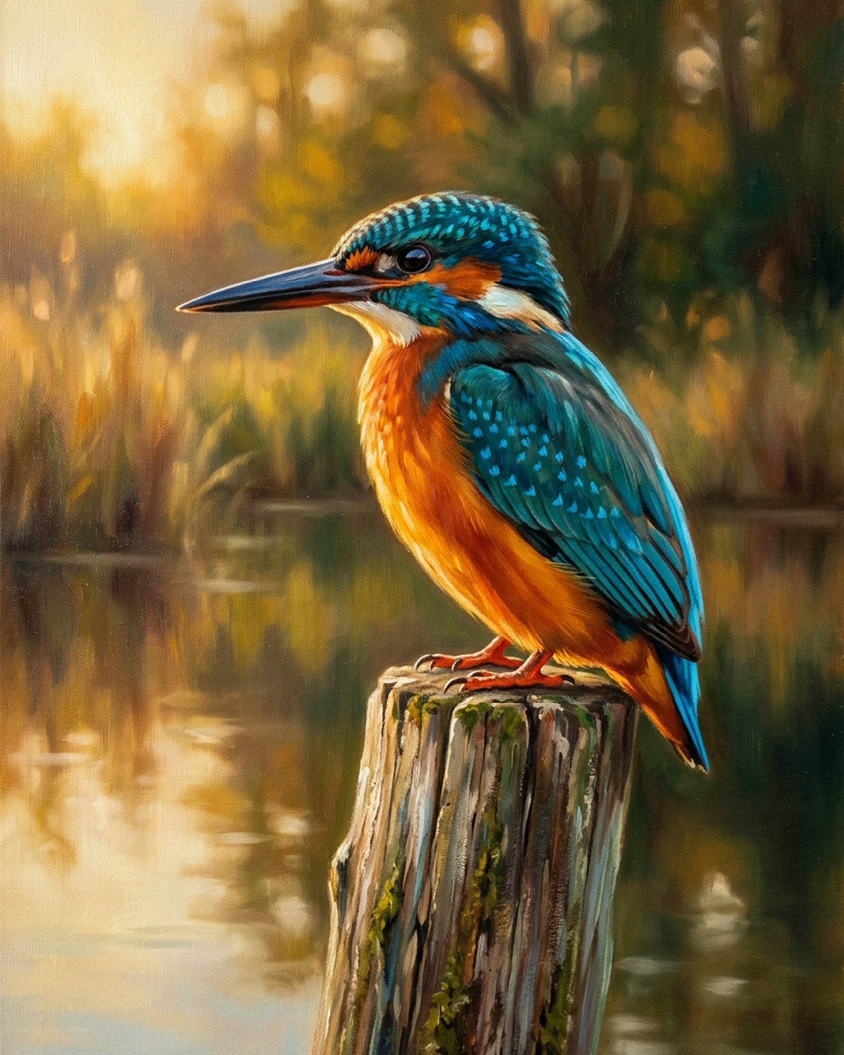 Kingfisher on a summer morning. BestPaintByNumbers fixed kits offer stress relief and artistic satisfaction. Rich colors and serene scene.