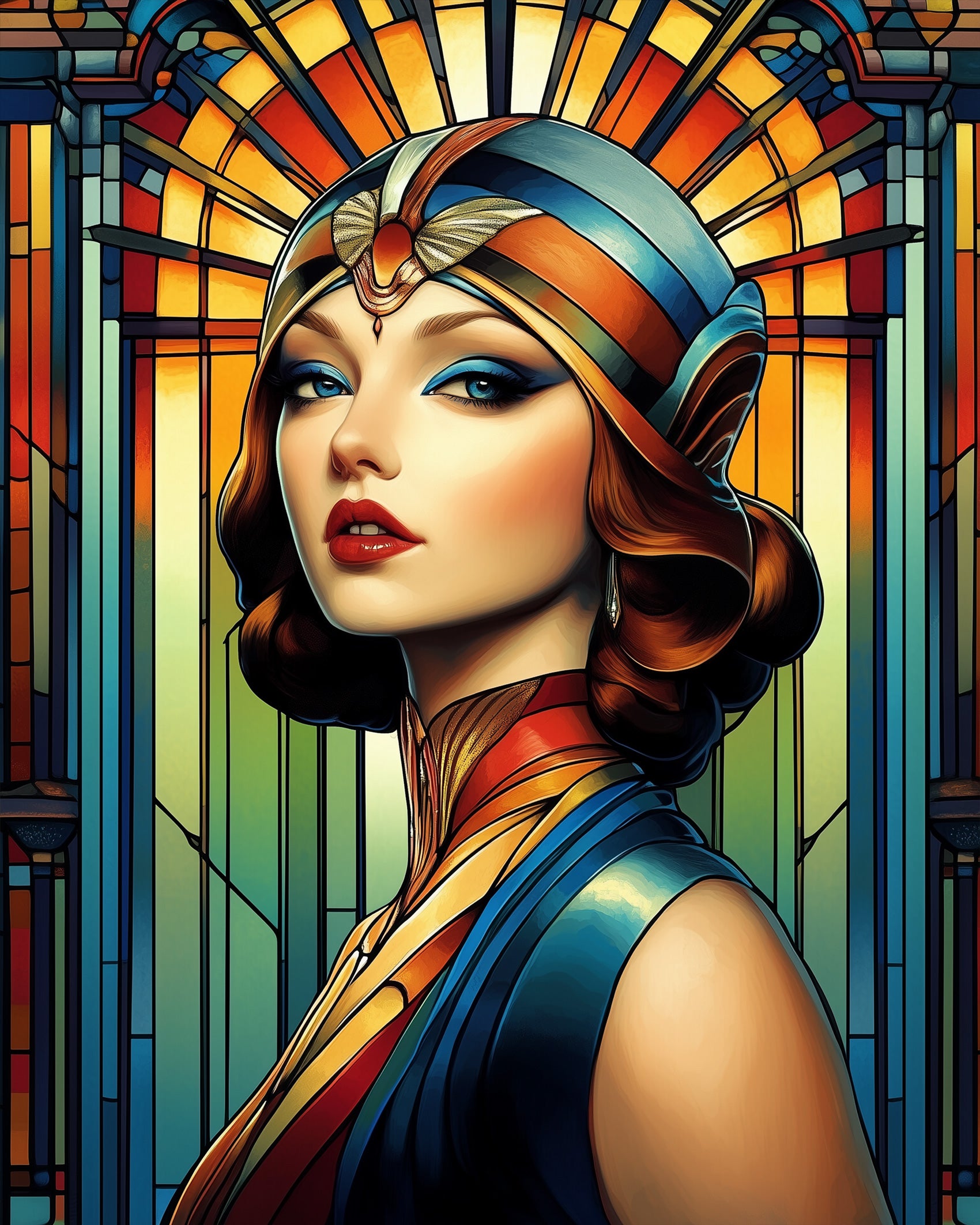 Paint by numbers Art Deco kit showcasing a glamorous diva against a radiant backdrop of colorful geometric patterns. The BestPaintByNumbers kit fosters creativity and tranquility.