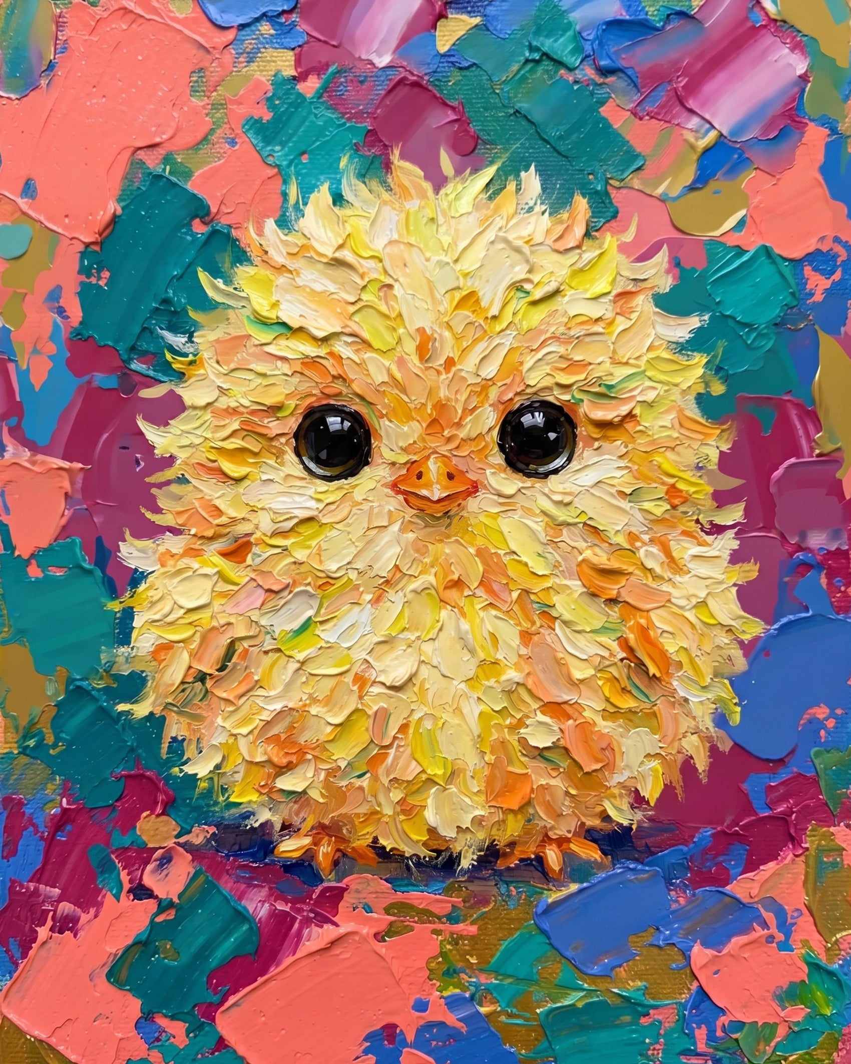 BestPaintByNumbers presents a cheerful chick paint by numbers kit, vibrant yellows and pinks enhancing creative relaxation and mindfulness.